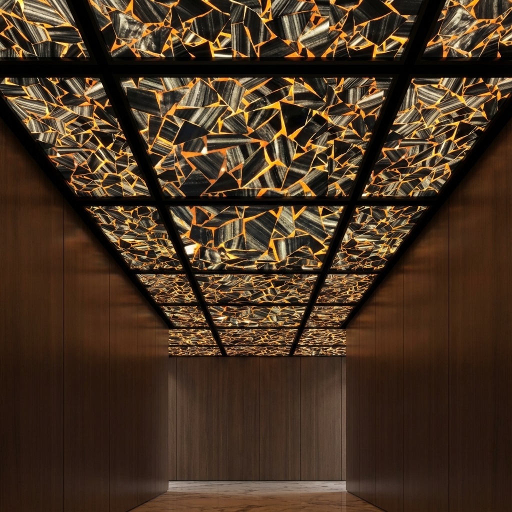 Modern ceiling with backlit alabaster ceiling panels and walnut wood ...
