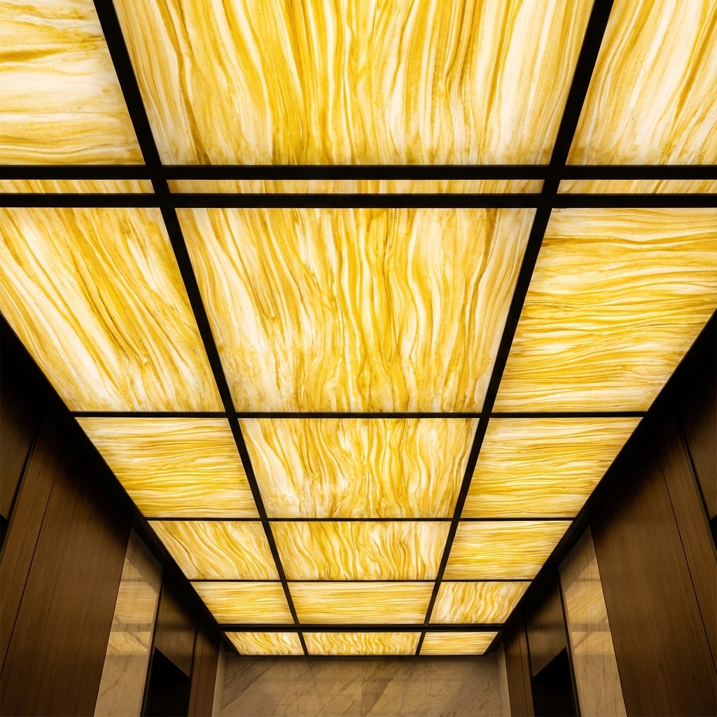 Yellowed Ceiling Modern ceiling with backlit yellow alabaster ceiling panels and wood ...