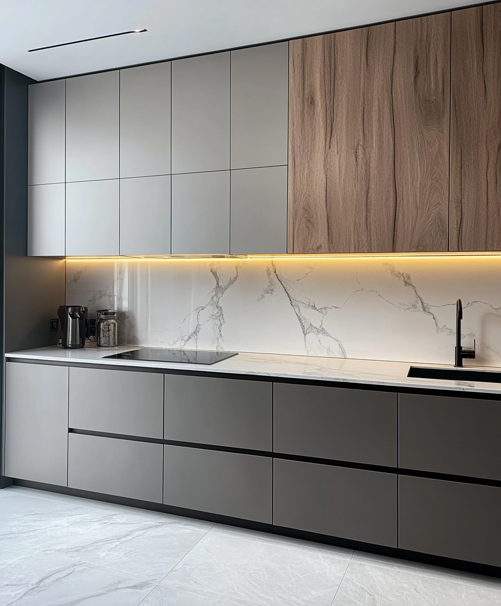 Modern Charcoal and Walnut Kitchen with Ambient Backlighting | Material Depot