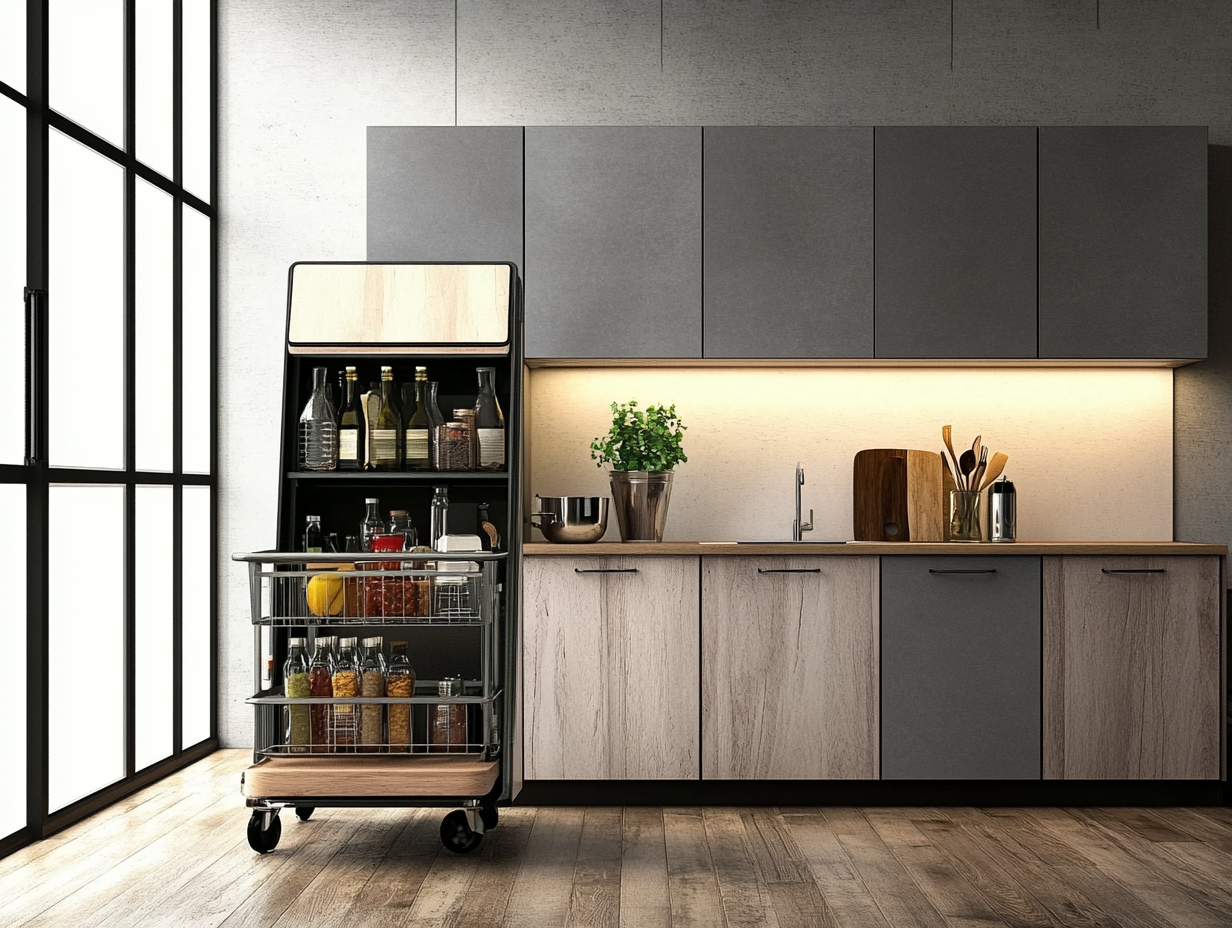 Modern Compact Kitchen with Matte Cabinets and Mobile Storage Cart | Material Depot