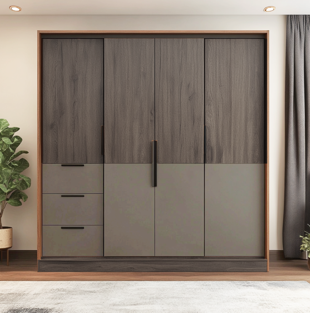 Modern Dark Two-Tone Wooden Laminate Wardrobe for Sophisticated Bedroom | Material Depot