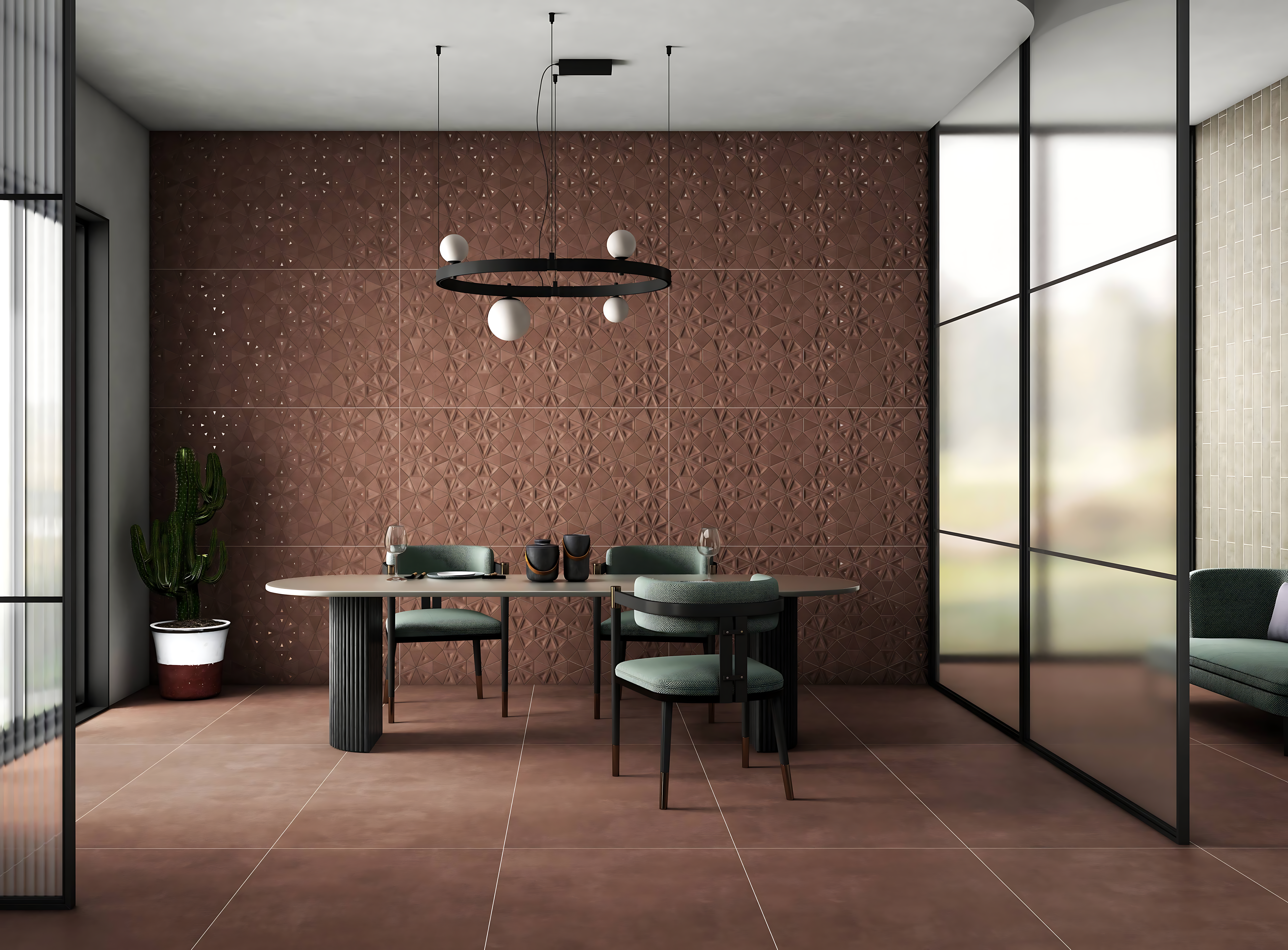 Modern Dining Room with Brown 3D Geometric Accent Wall and Earthy Matte Floor Tiles – Stylish & Cozy | Material Depot