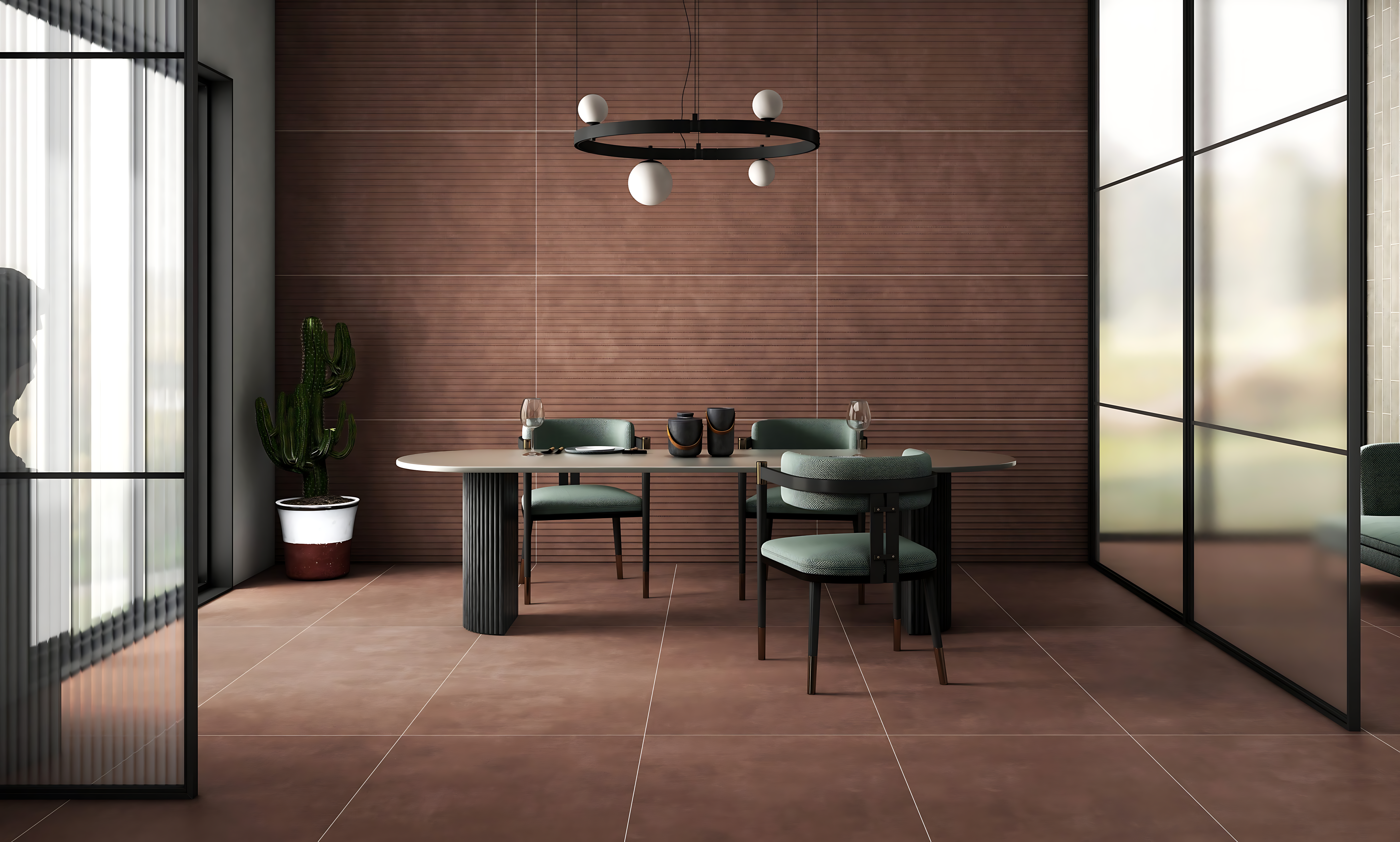 Modern Dining Space with Brown Fluted Wall Tiles and Earthy Tone Flooring – Contemporary & Stylish Design | Material Depot