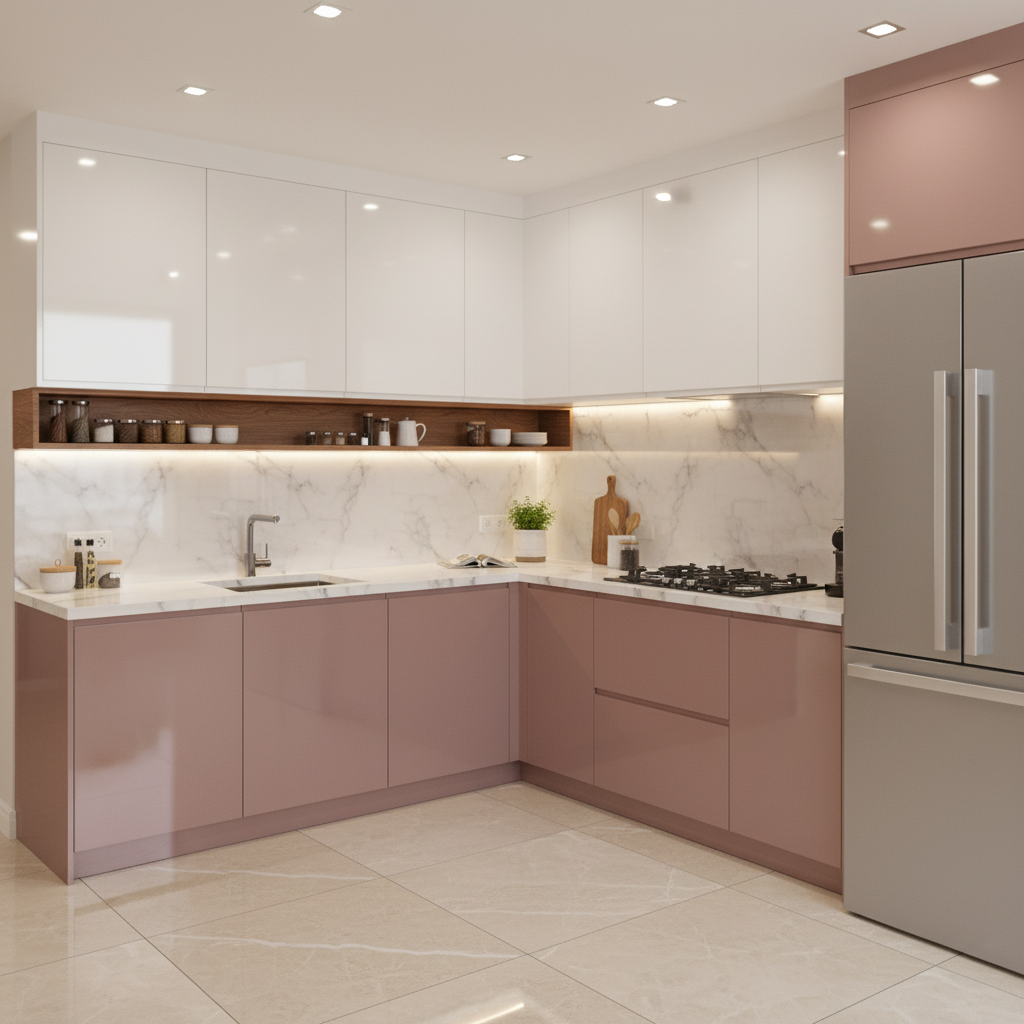 Modern dual tone kitchen with blush pink and frosty white laminate ...