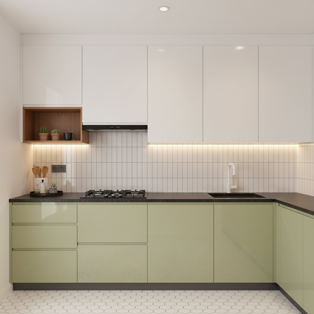 Modern dual tone kitchen with sage green and frosty white laminate ...