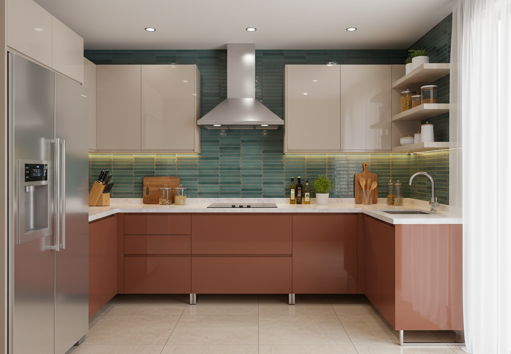 Modern dual tone kitchen with terracotta and beige laminate, green ...