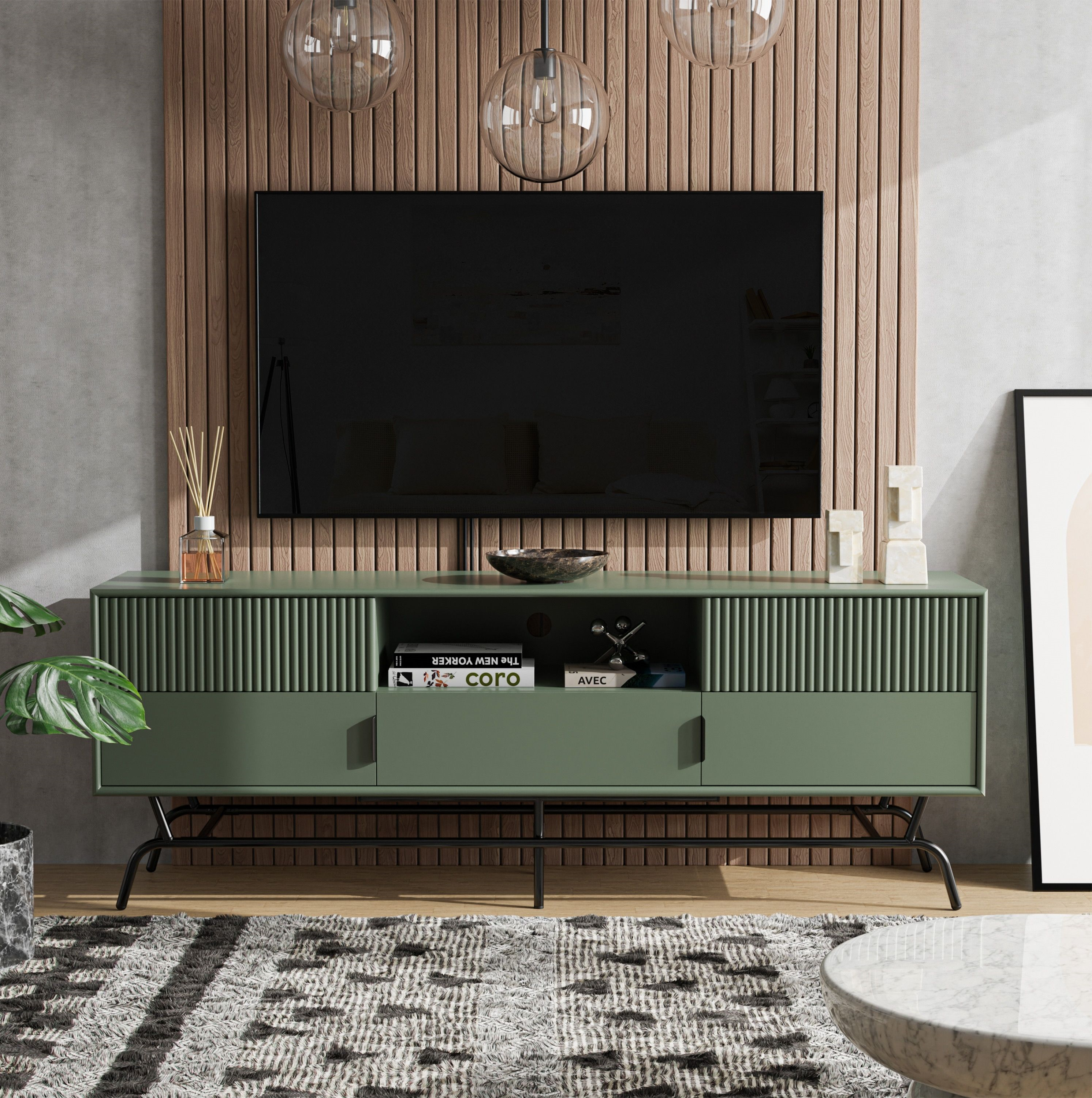 Blend of classy sage green laminate and wooden louvers on the cabinet and Wall | Material Depot