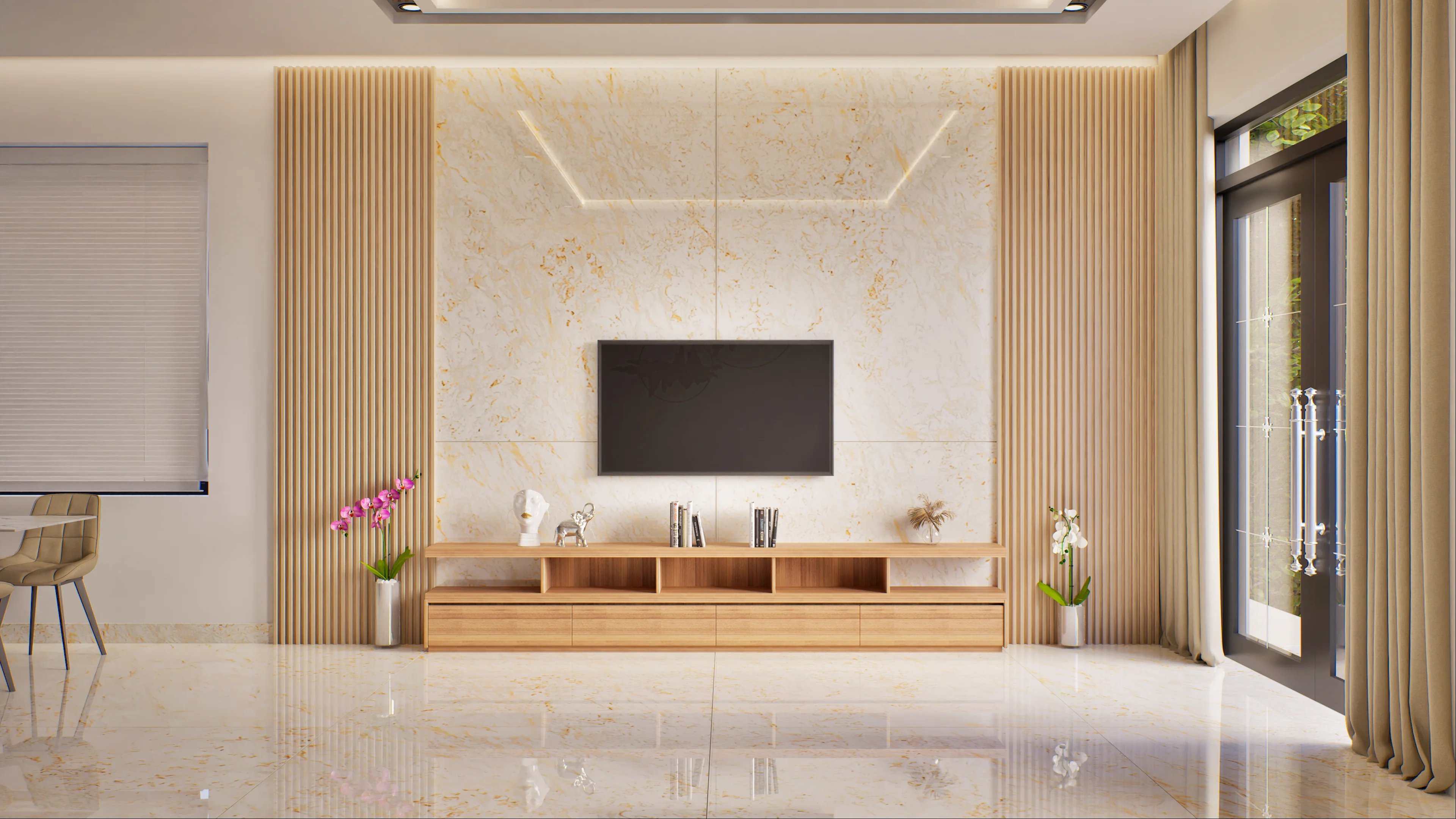 Modern Elegant Living Room with Marble and Wood Accents