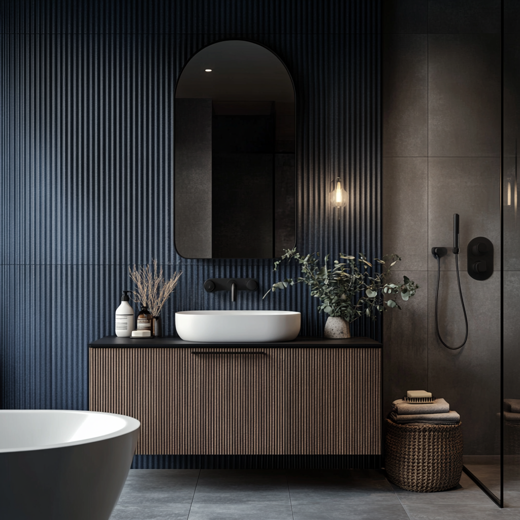 Modern Fluted Bathroom with Dark Accent Walls and Floating Vanity | Material Depot