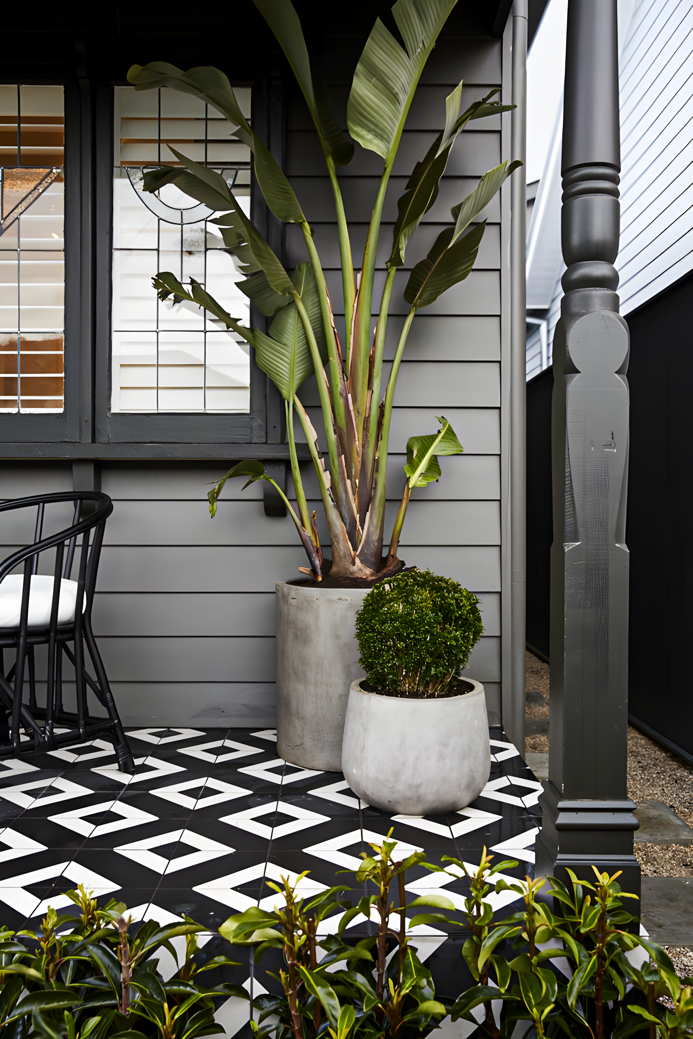 Modern Front Porch with Black and White Patterned Tiles | Material Depot