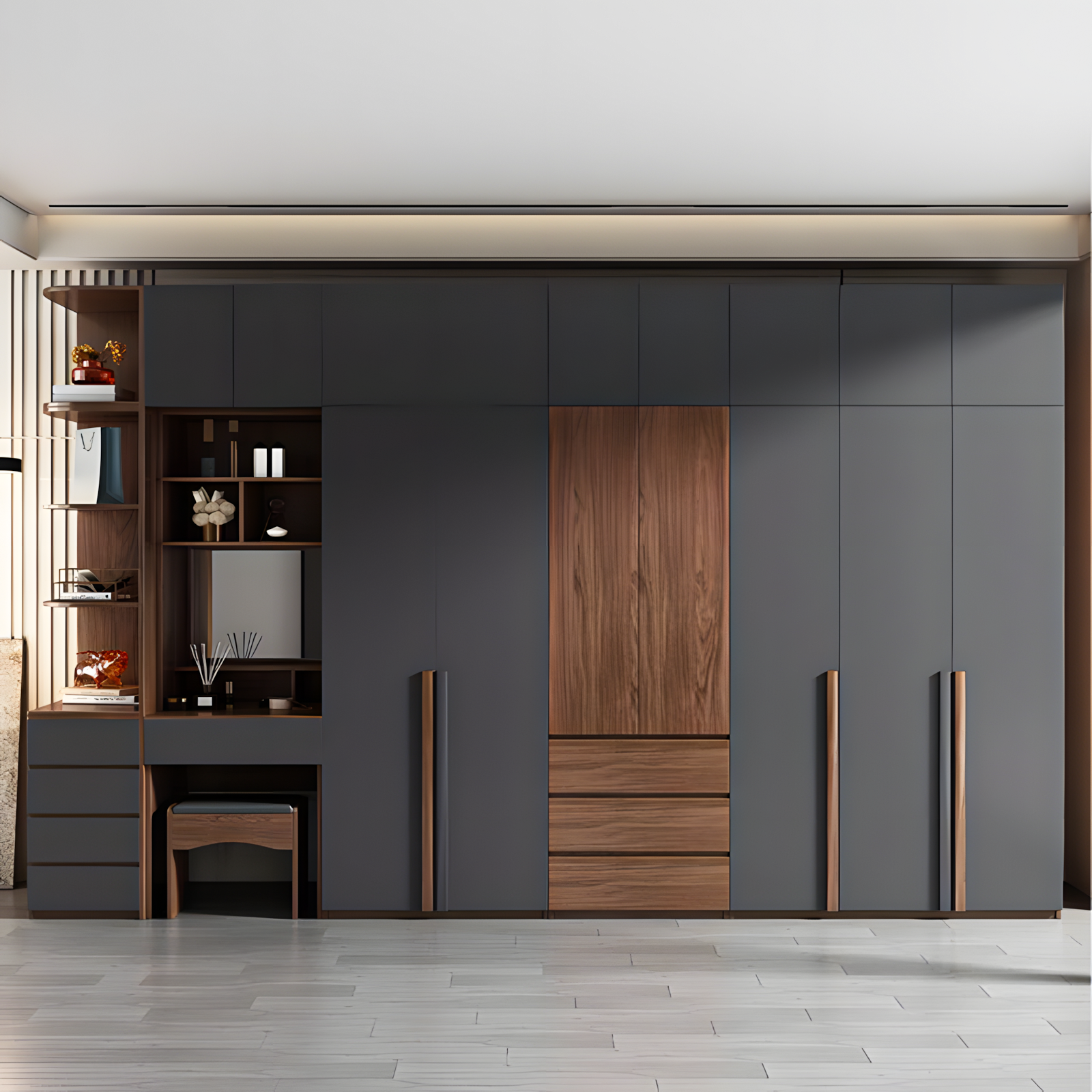 Modern Gray Wardrobe with Built-in Dressing Table and Wood Accents | Material Depot