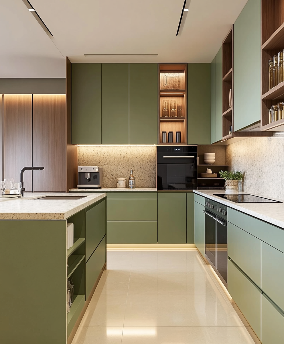 Modern Green Kitchen with Integrated Wood Features | Material Depot