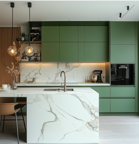 Modern Green Kitchen with Marble Countertop and Warm Lighting Accents | Material Depot