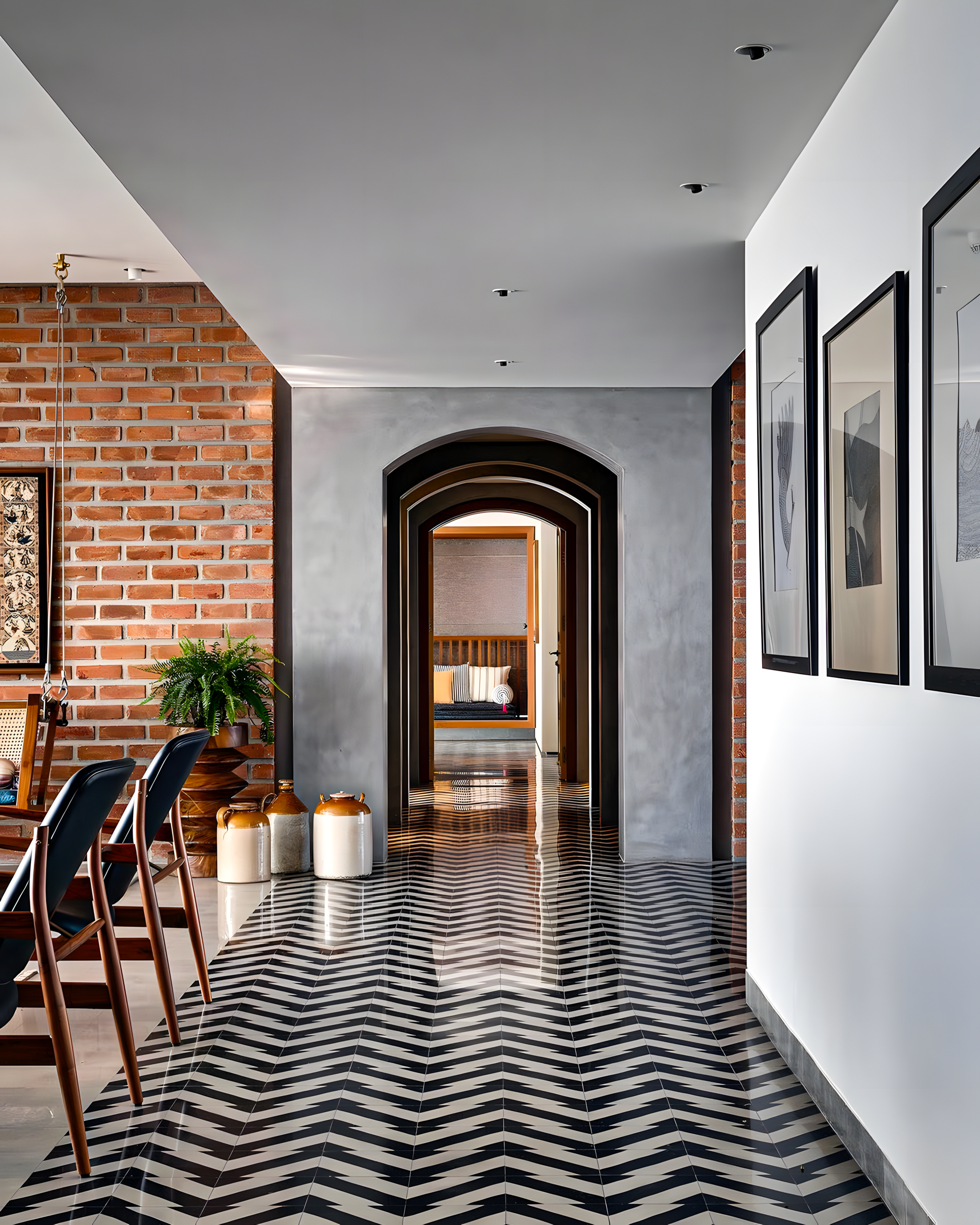 Modern Hallway with Herringbone Tiles and Brick Wall | Material Depot