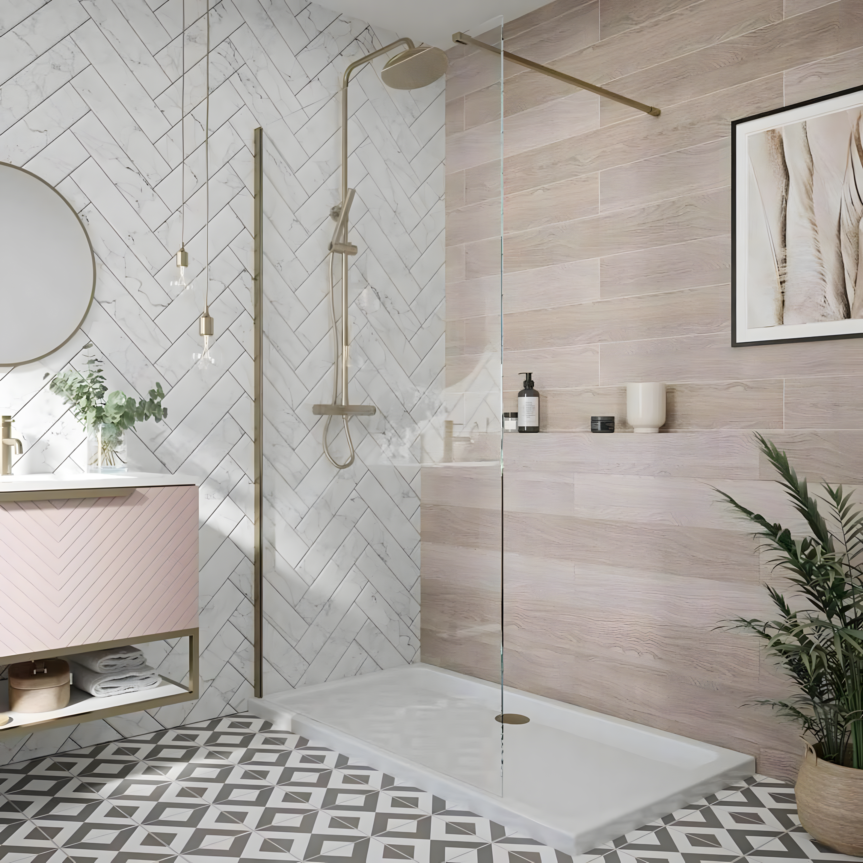 Modern Herringbone Wall with Wood-Effect Tiles and Geometric Floor Pattern | Material Depot