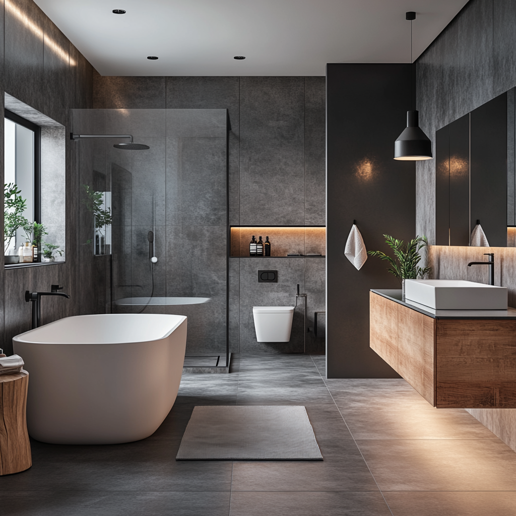 Modern Industrial Elegance: Stylish Bathroom with Wood Accents and Sleek Fixtures | Material Depot