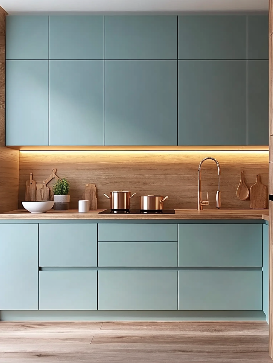 Modern Kitchen Design Highlighting Pastel Aqua Cabinetry and Natural Wood Elements | Material Depot