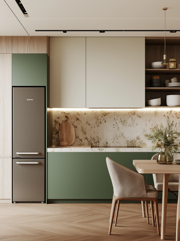 Modern Kitchen with Green Cabinets and Marble Effect Backsplash | Material Depot