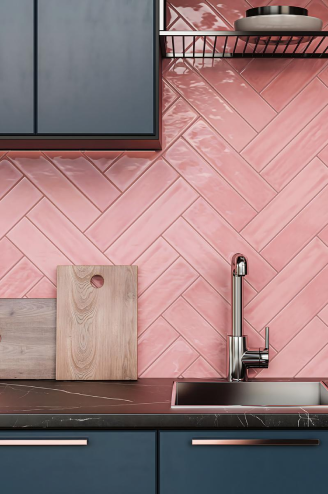 Modern Kitchen with Pink Herringbone Tiles and Navy Blue Cabinets | Material Depot