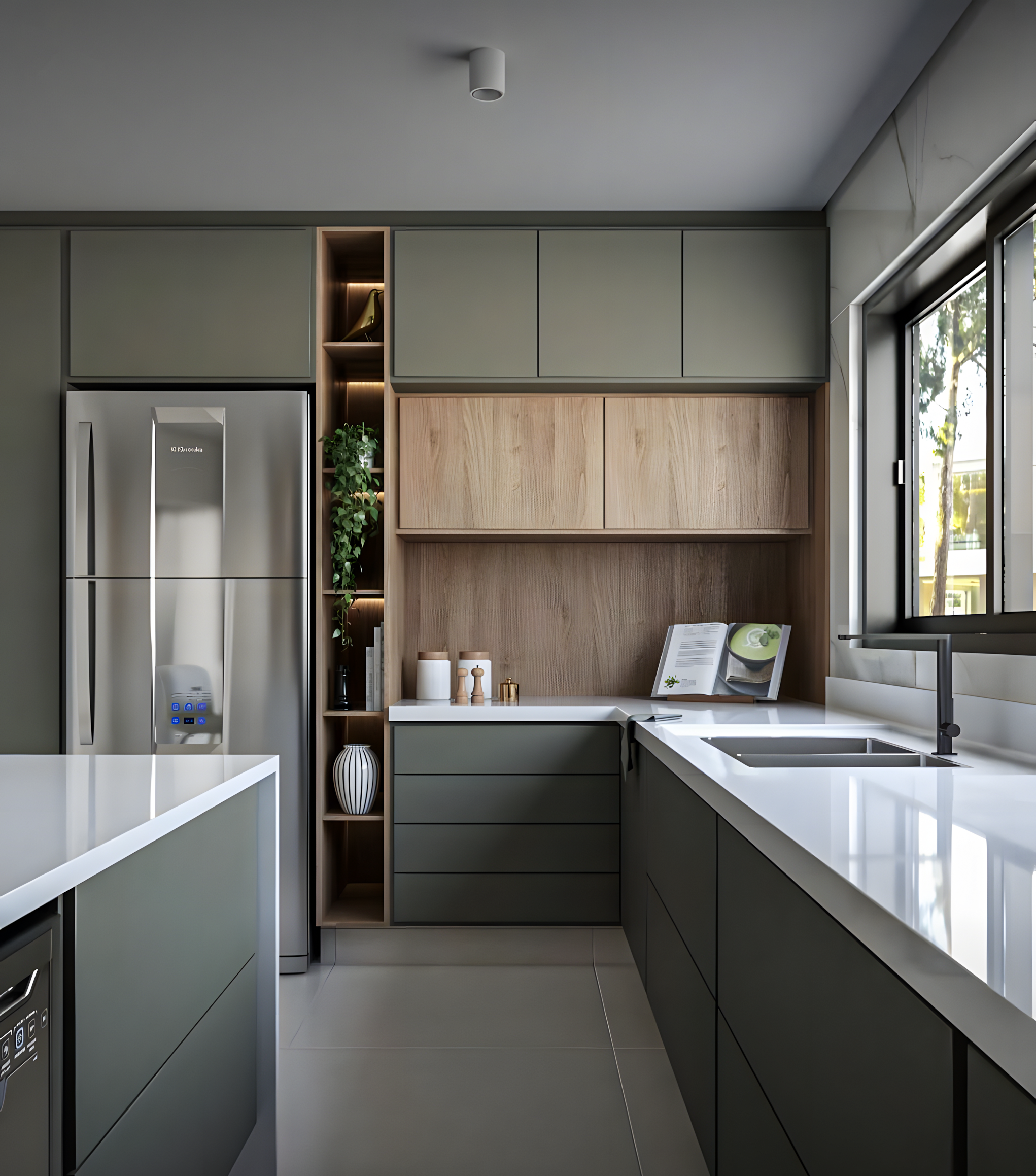 Modern Kitchen That Embraces the Beauty of Nature: Green Walls and Light-Colored Wood Accents | Material Depot