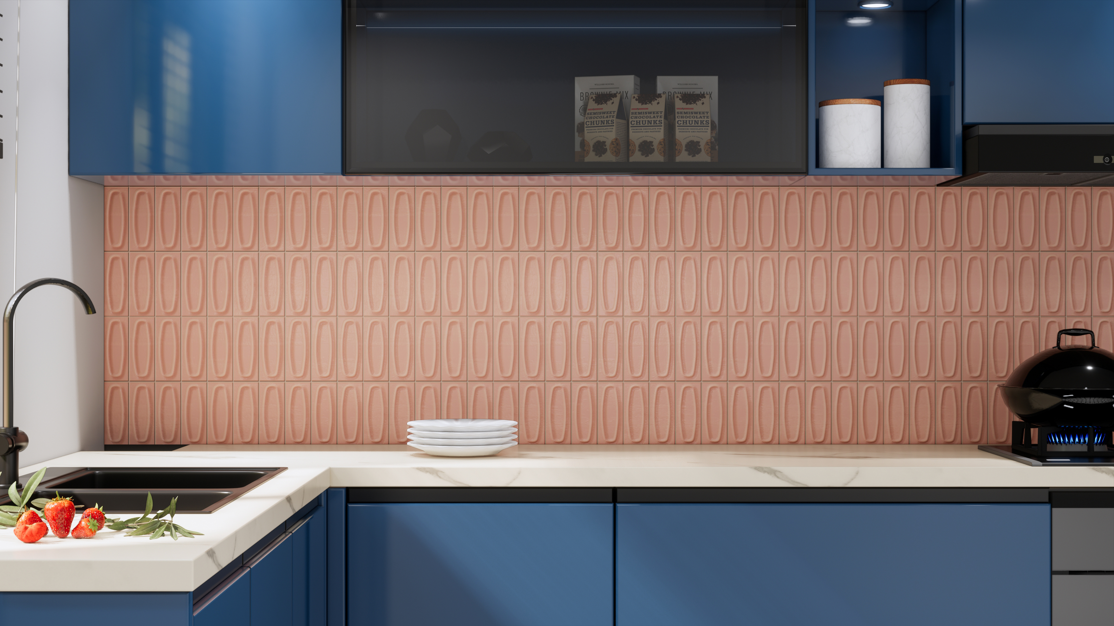 Modern Kitchen with Blue Cabinets and Coral Moroccan Backsplash | Material Depot