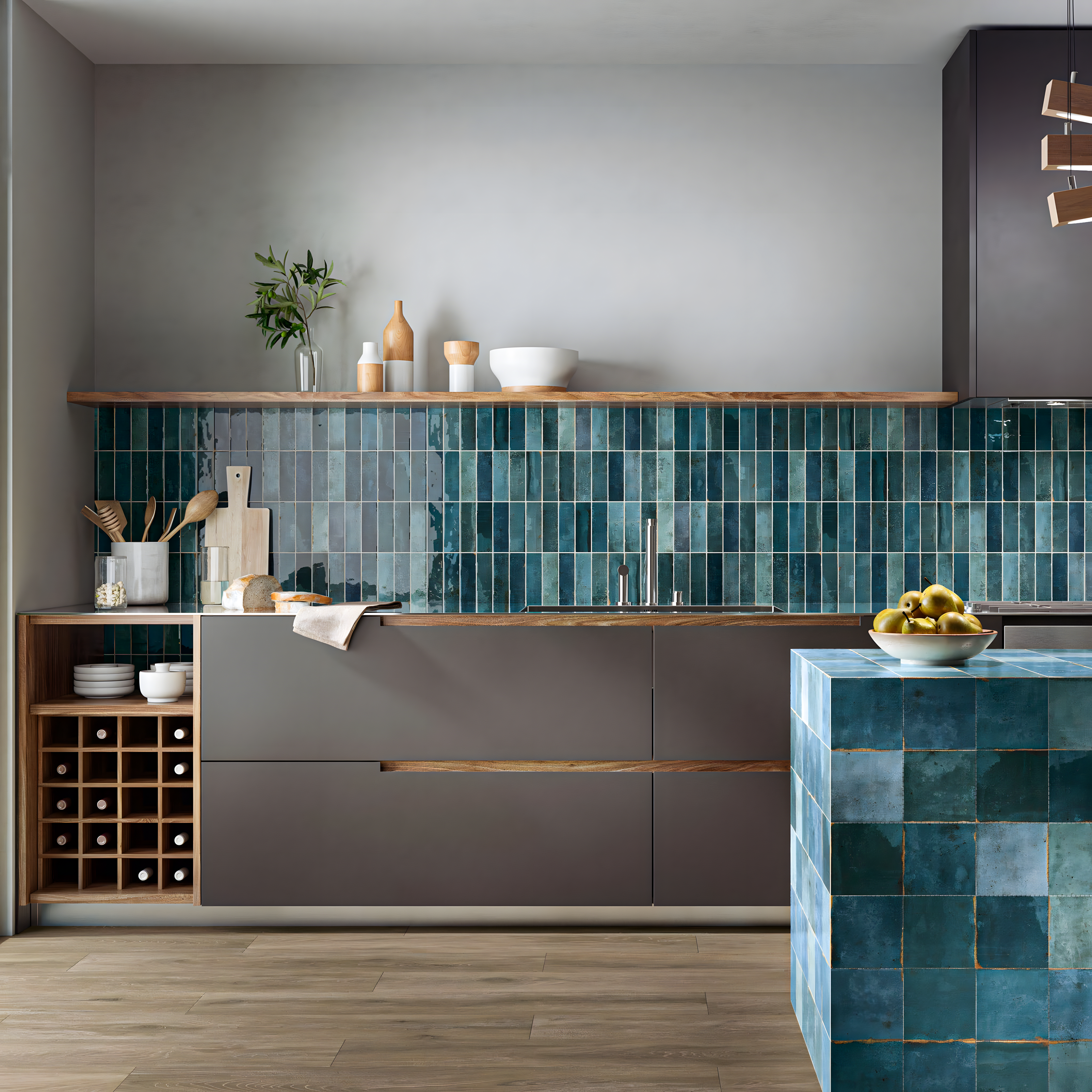 Modern Kitchen with Blue Glazed Tile Backsplash | Material Depot