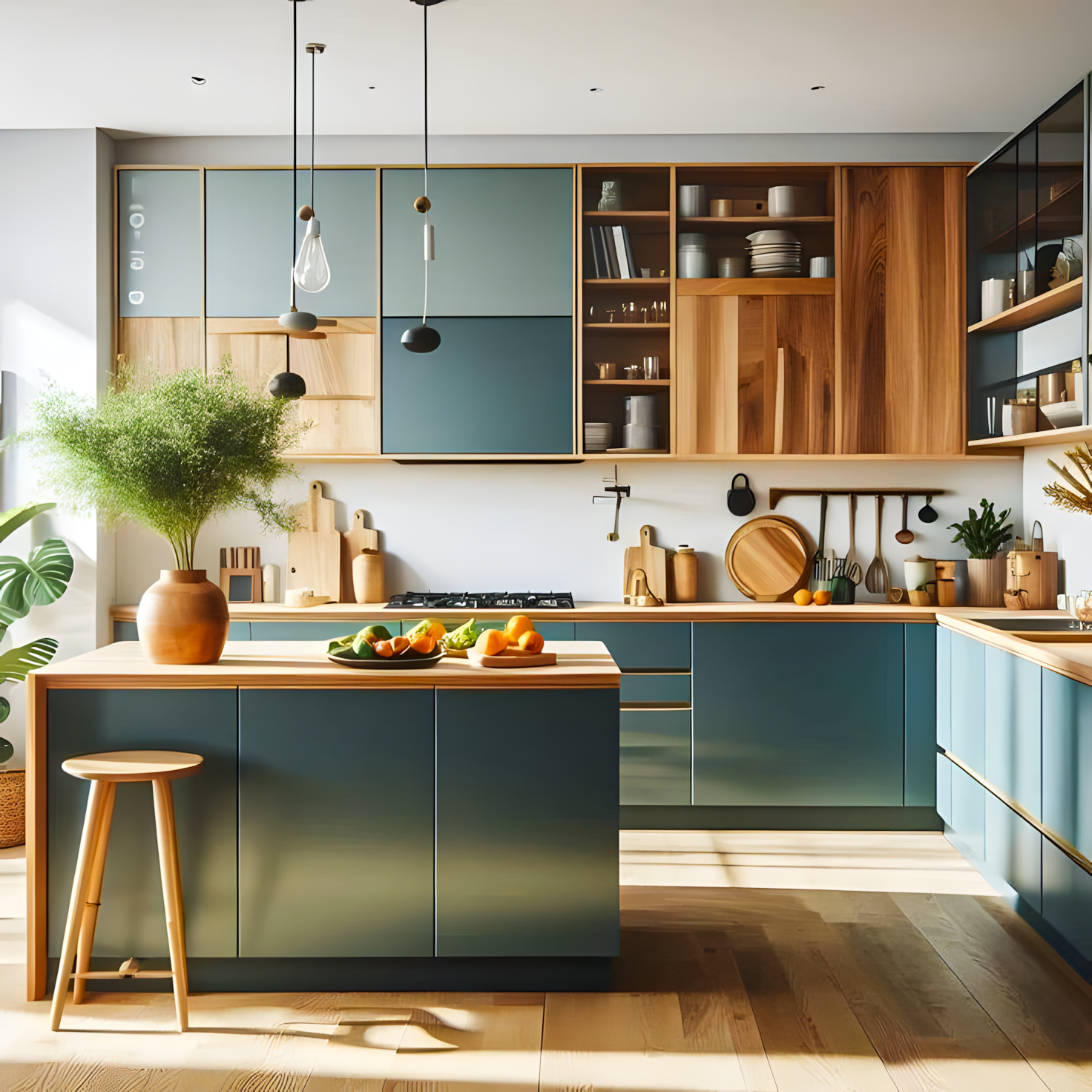 Modern Kitchen With Blue Laminate Cabinets And Wooden Accents | Material Depot