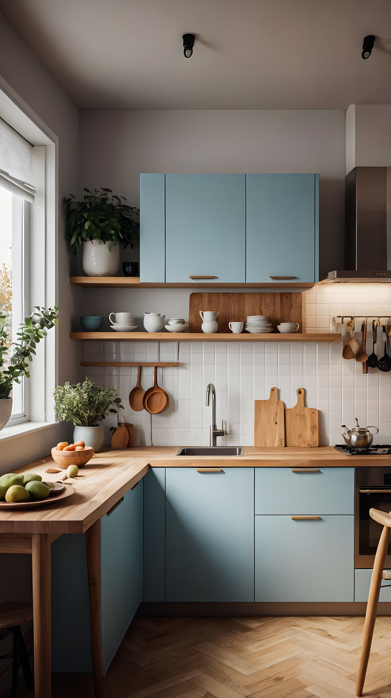 Modern Kitchen With Blue Laminate Cabinets And Wooden Accents | Material Depot