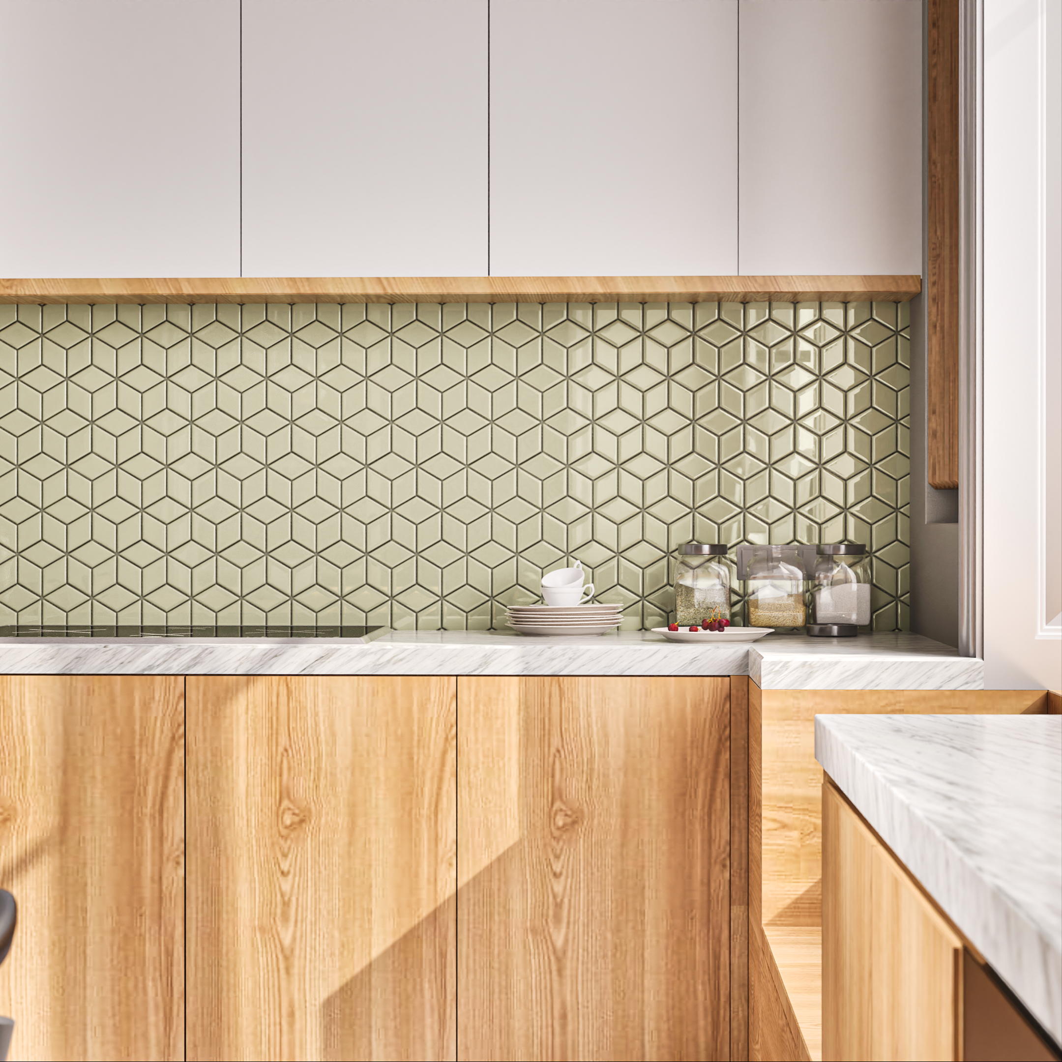 Modern Kitchen with Geometric Tile Backsplash and Wooden Cabinets | Material Depot