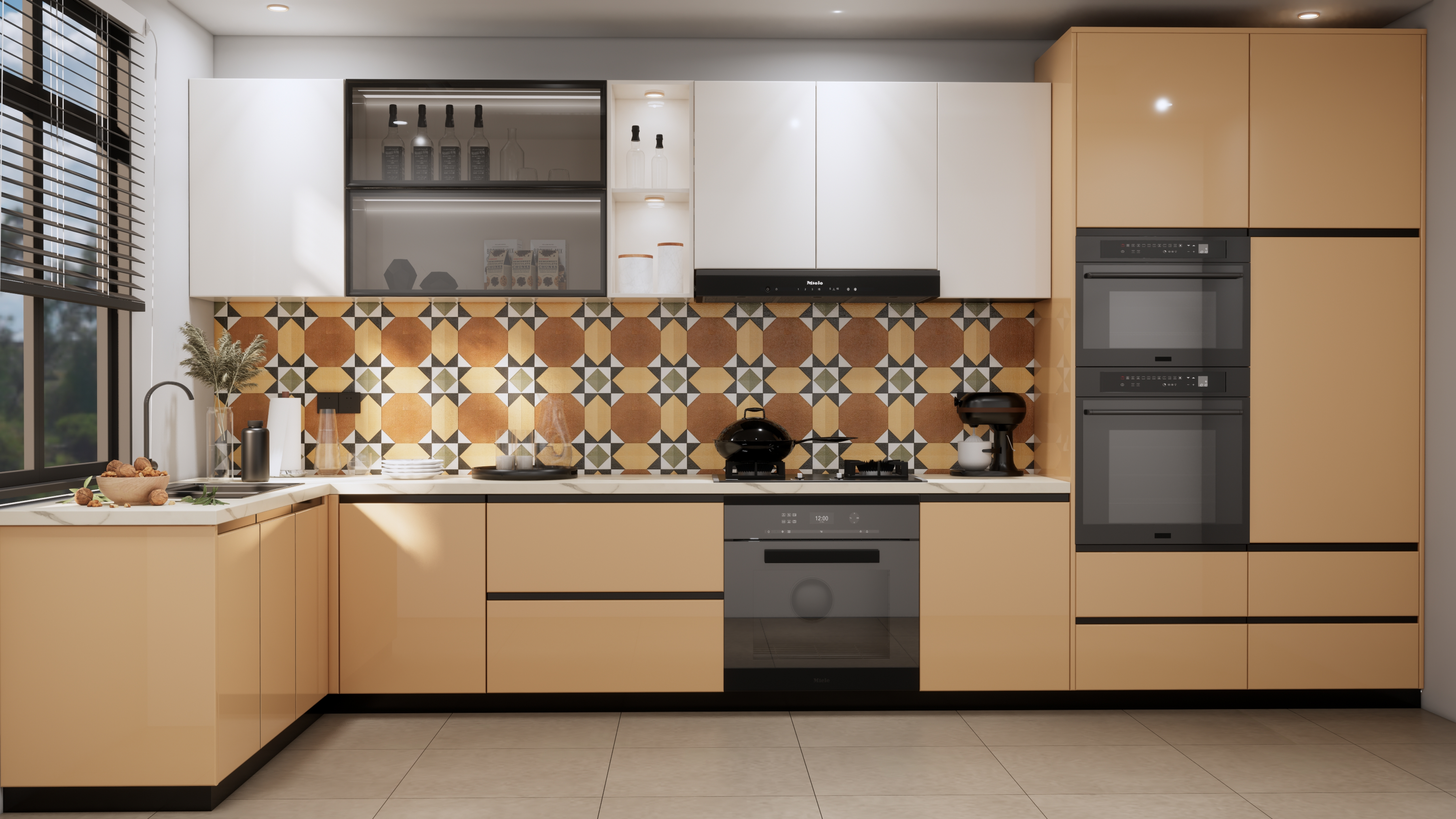 Modern Kitchen with Mustard Cabinets and Retro Patterned Tiles | Material Depot