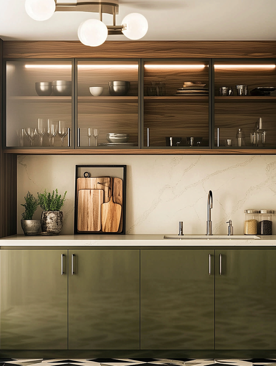 Modern Kitchen with Olive Green Glossy Cabinets and Wooden Upper Shelving | Material Depot