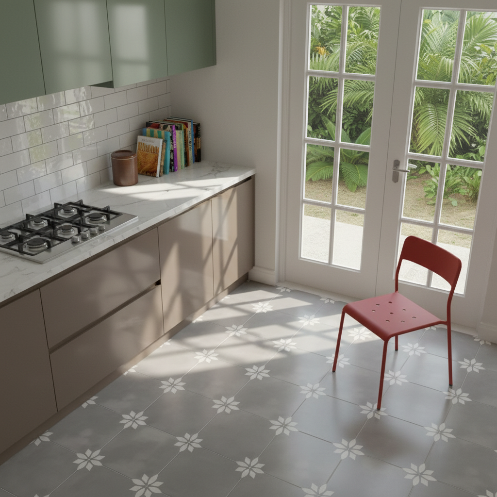 Modern kitchen with sage green and taupe laminate, white marble ...