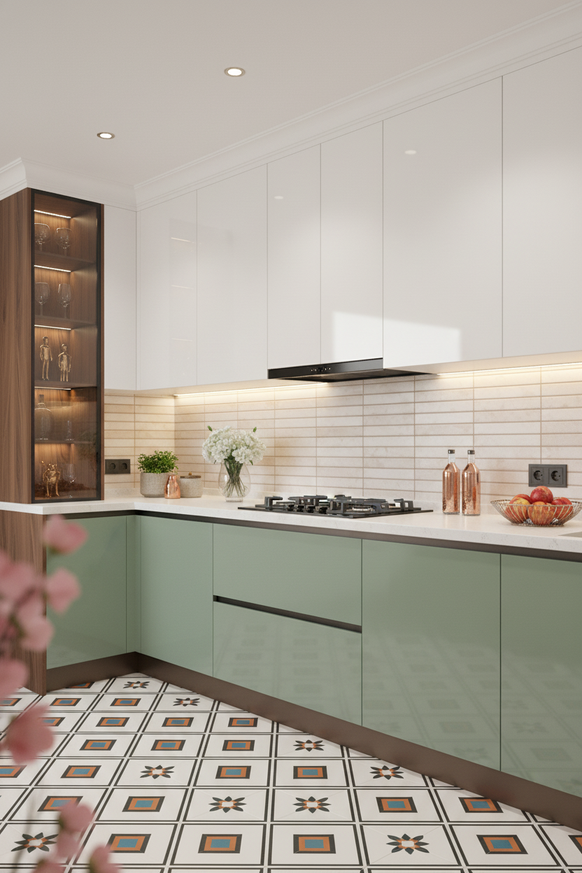 Modern kitchen with sage green and white laminate, white quartz ...