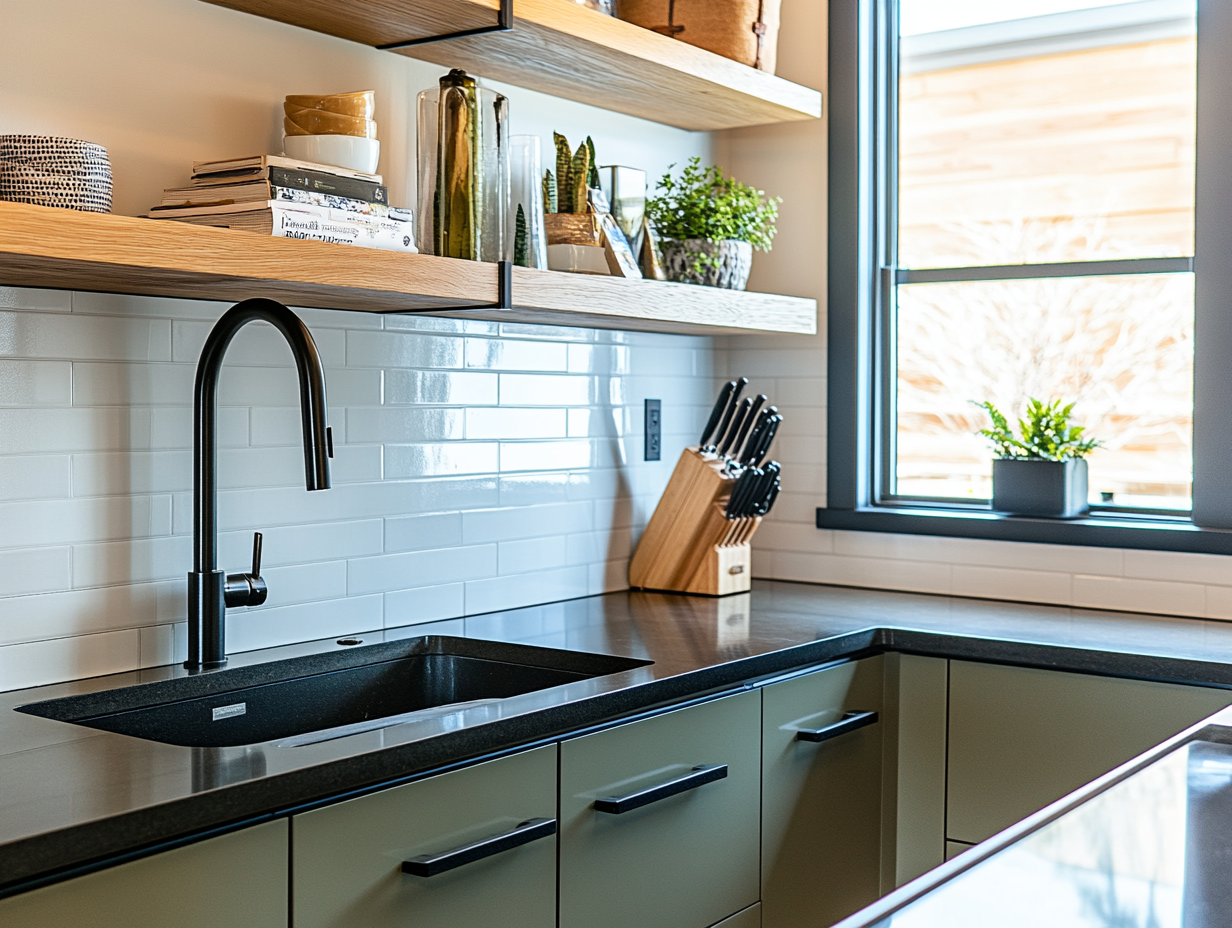 Modern Kitchen with Sleek Black Fixtures and Open Shelving | Material Depot