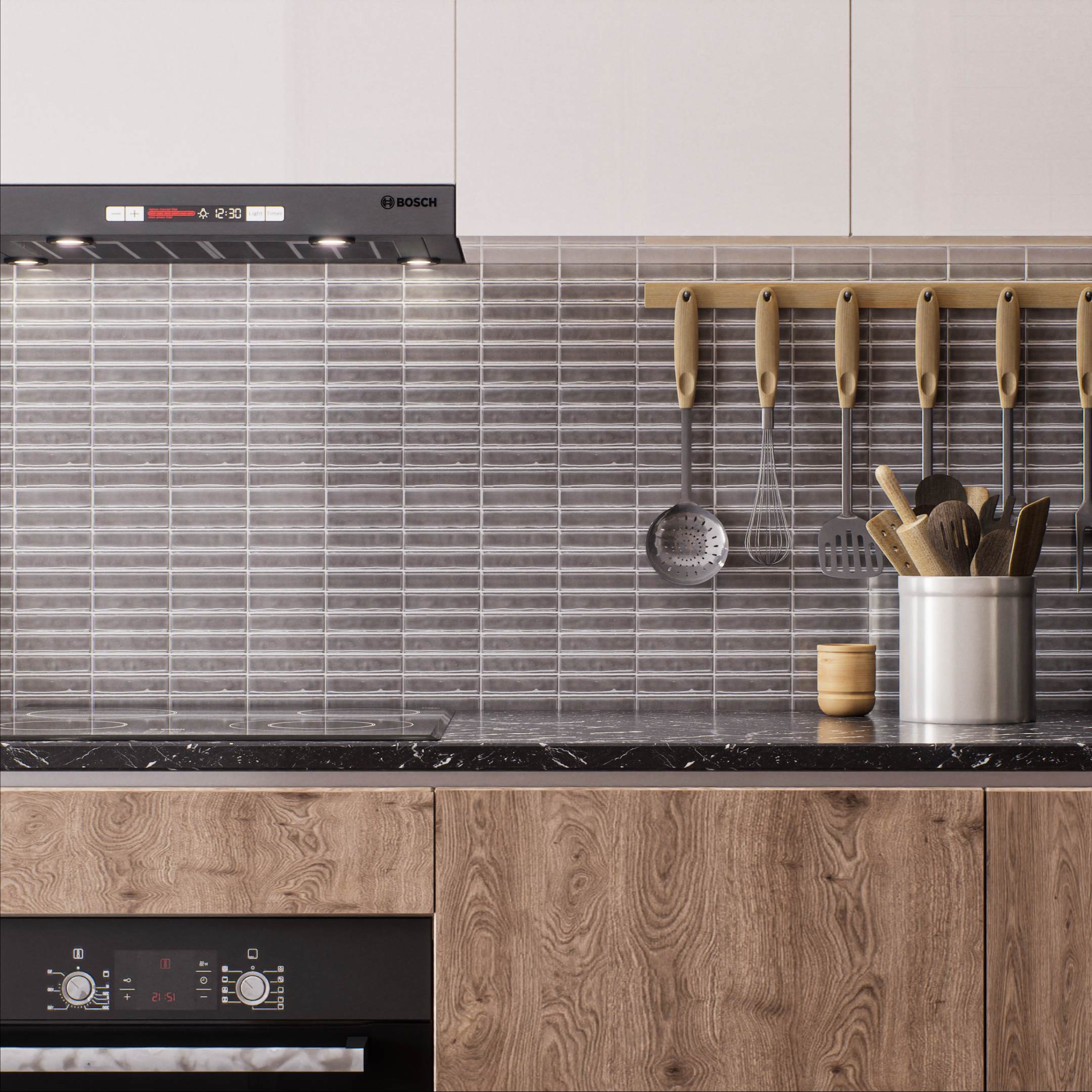 Modern Kitchen with Wooden Cabinets and Glossy Mosaic Tile Backsplash | Material Depot