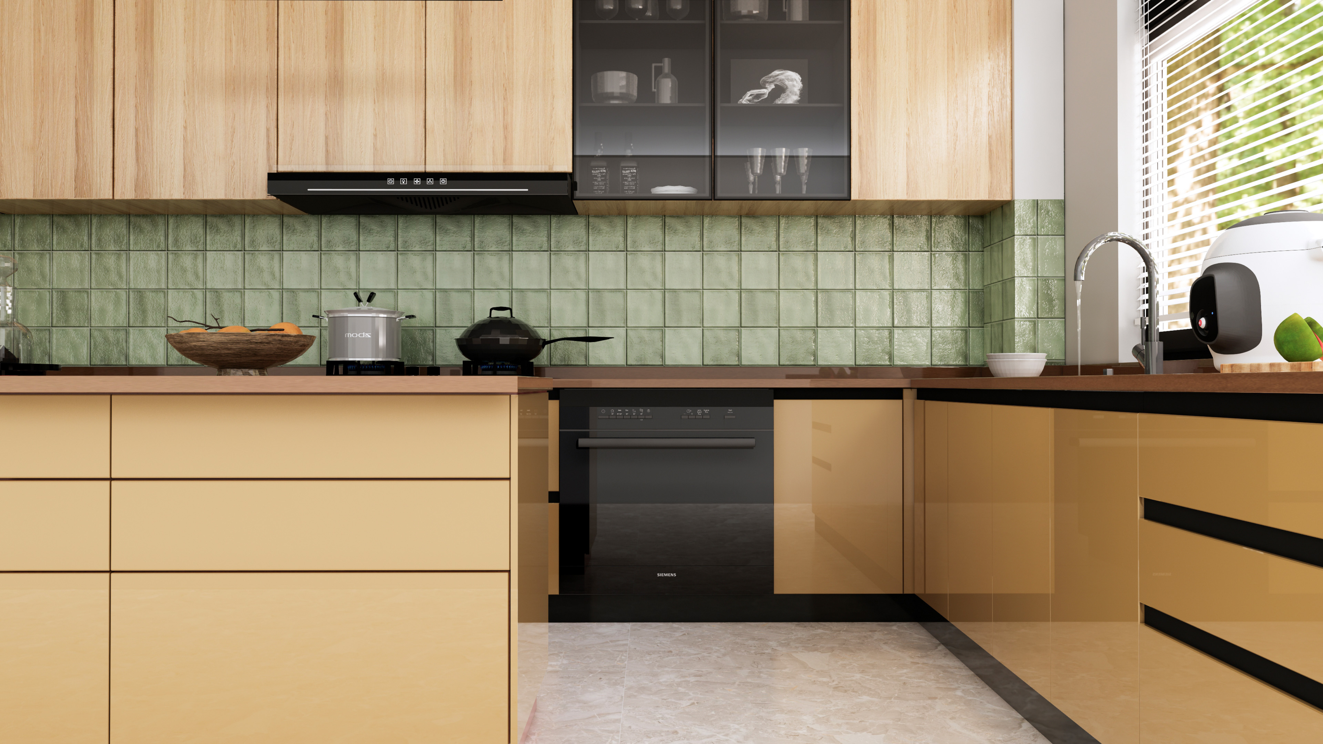 Modern Kitchen with Yellow Cabinets and Green Textured Backsplash | Material Depot