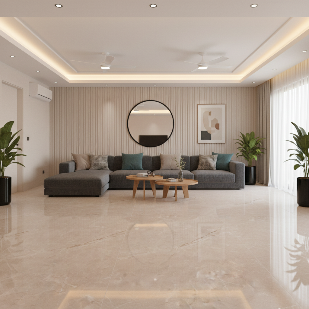 Modern living room with beige marble floor tiles and fluted wall panels ...