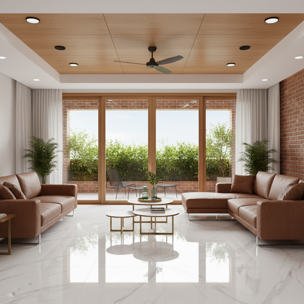Modern living room with brown leather sofa, wood ceiling panels, and ...