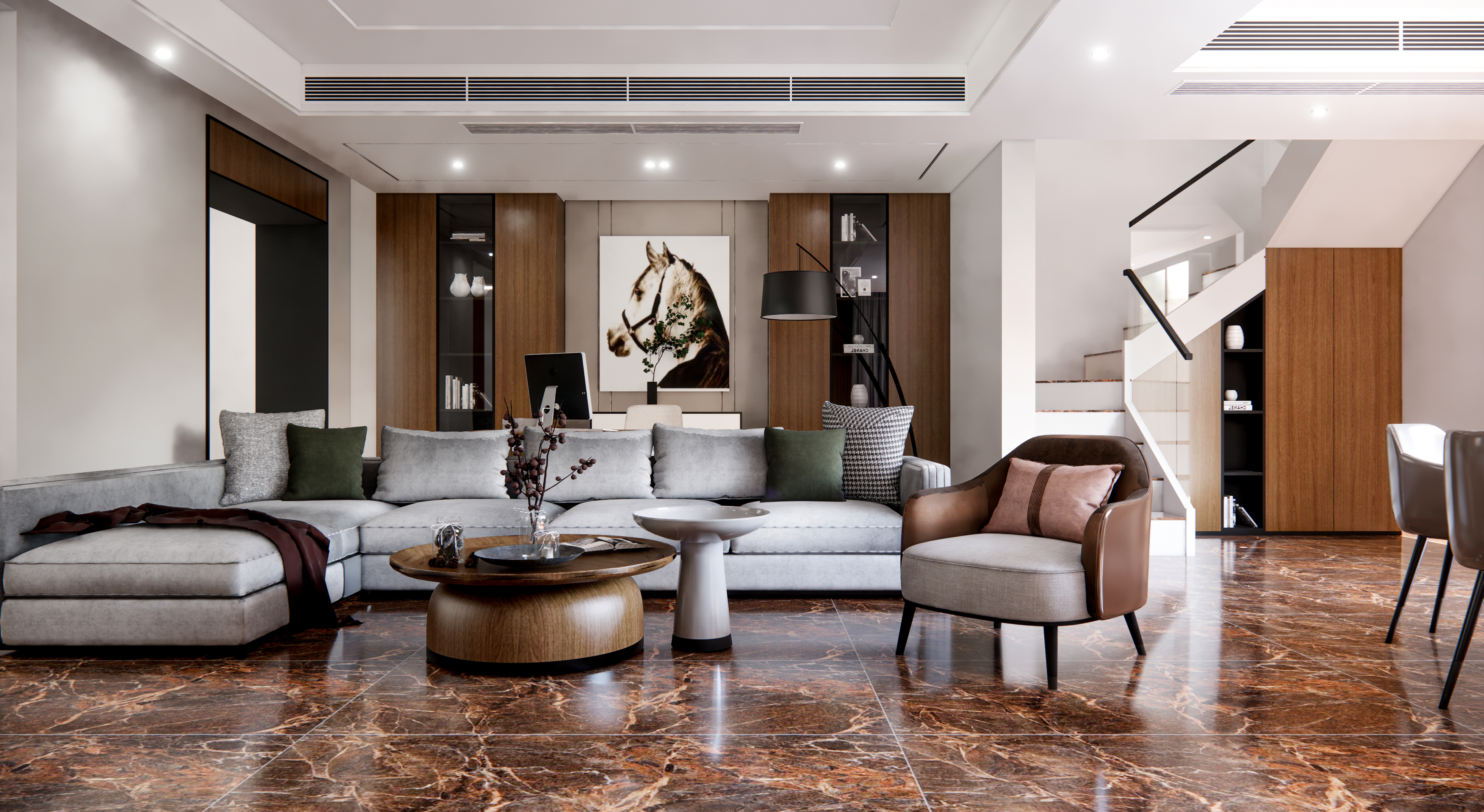 Modern Living Room with Brown Marble Flooring and Neutral Tones | Material Depot