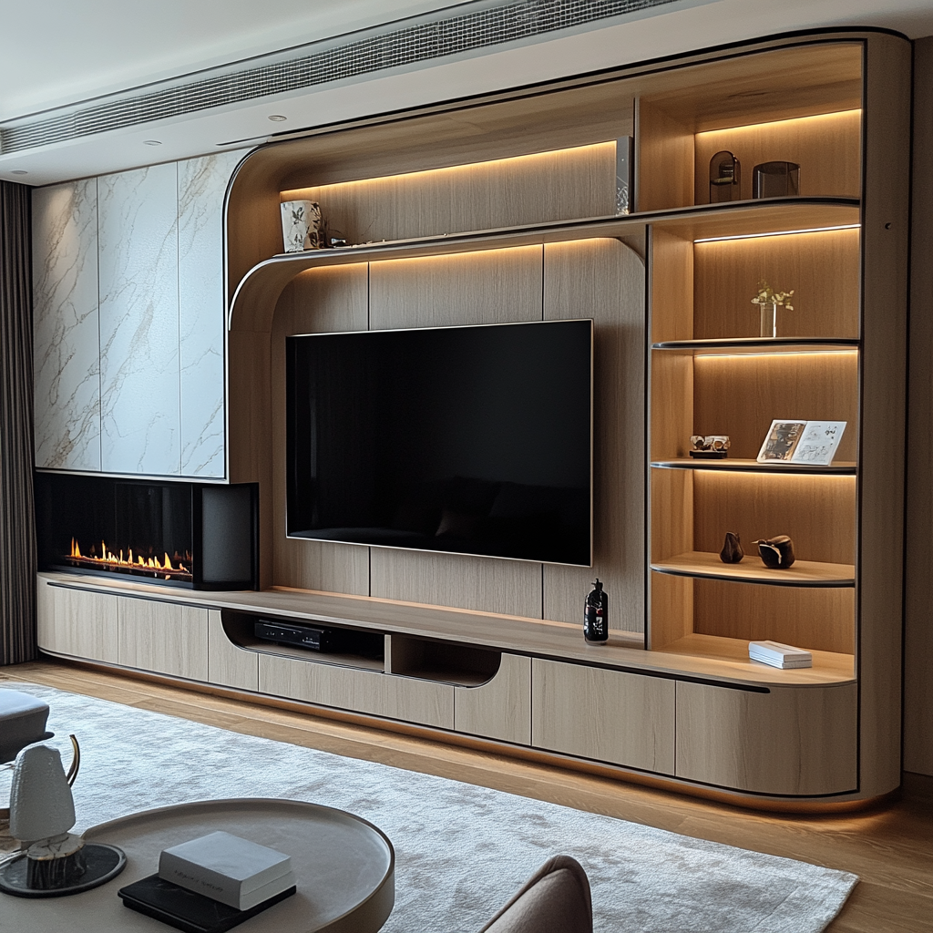 Modern Living Room with Curved TV Wall and Fireplace | Material Depot