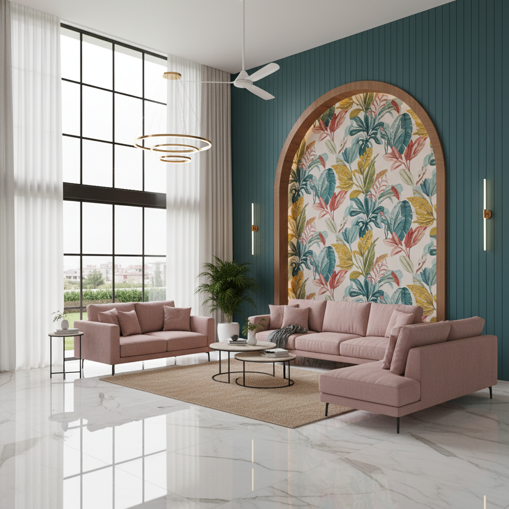 Modern living room with floral wallpaper accent, teal fluted wall ...