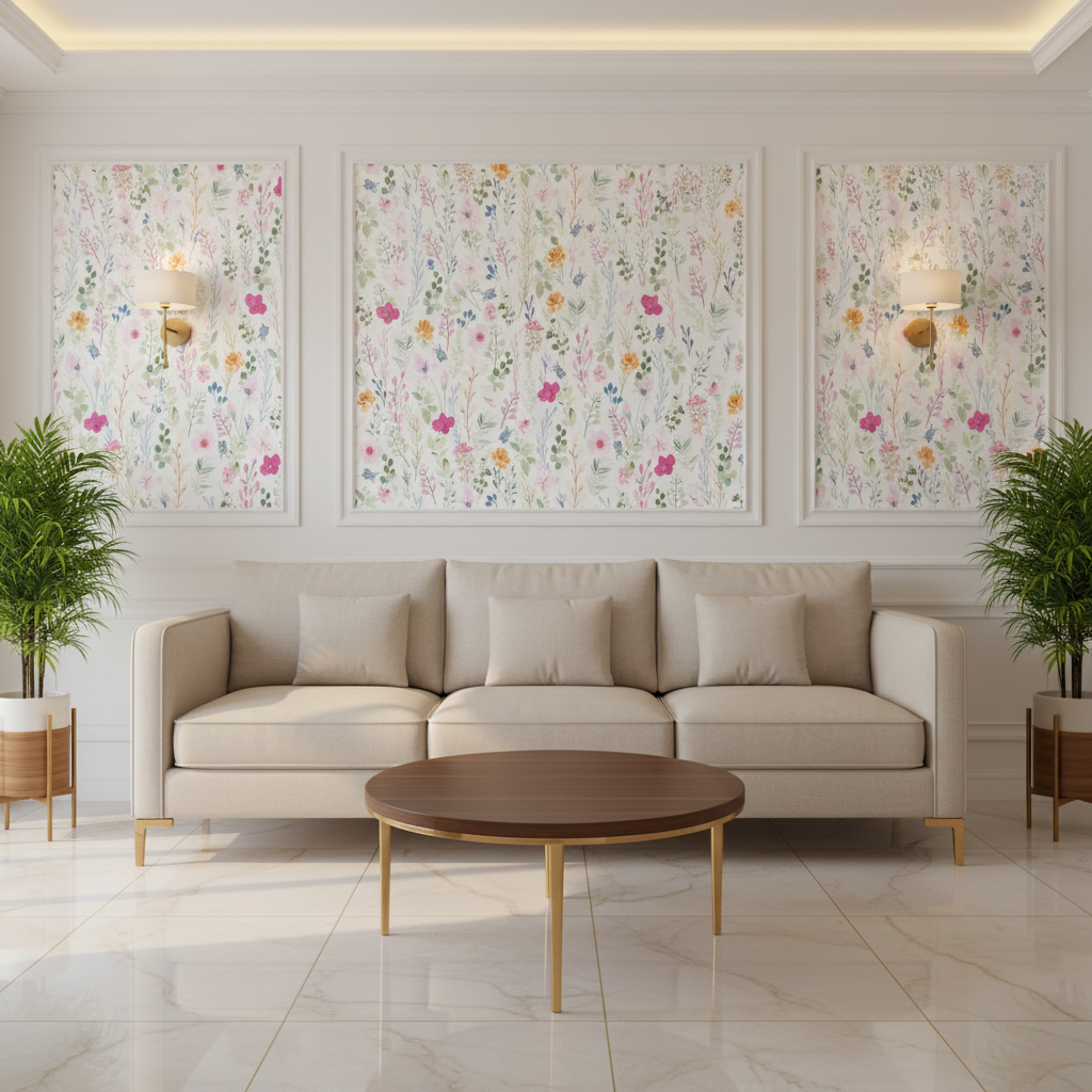 Modern living room with floral wallpaper panels and marble floor tiles ...