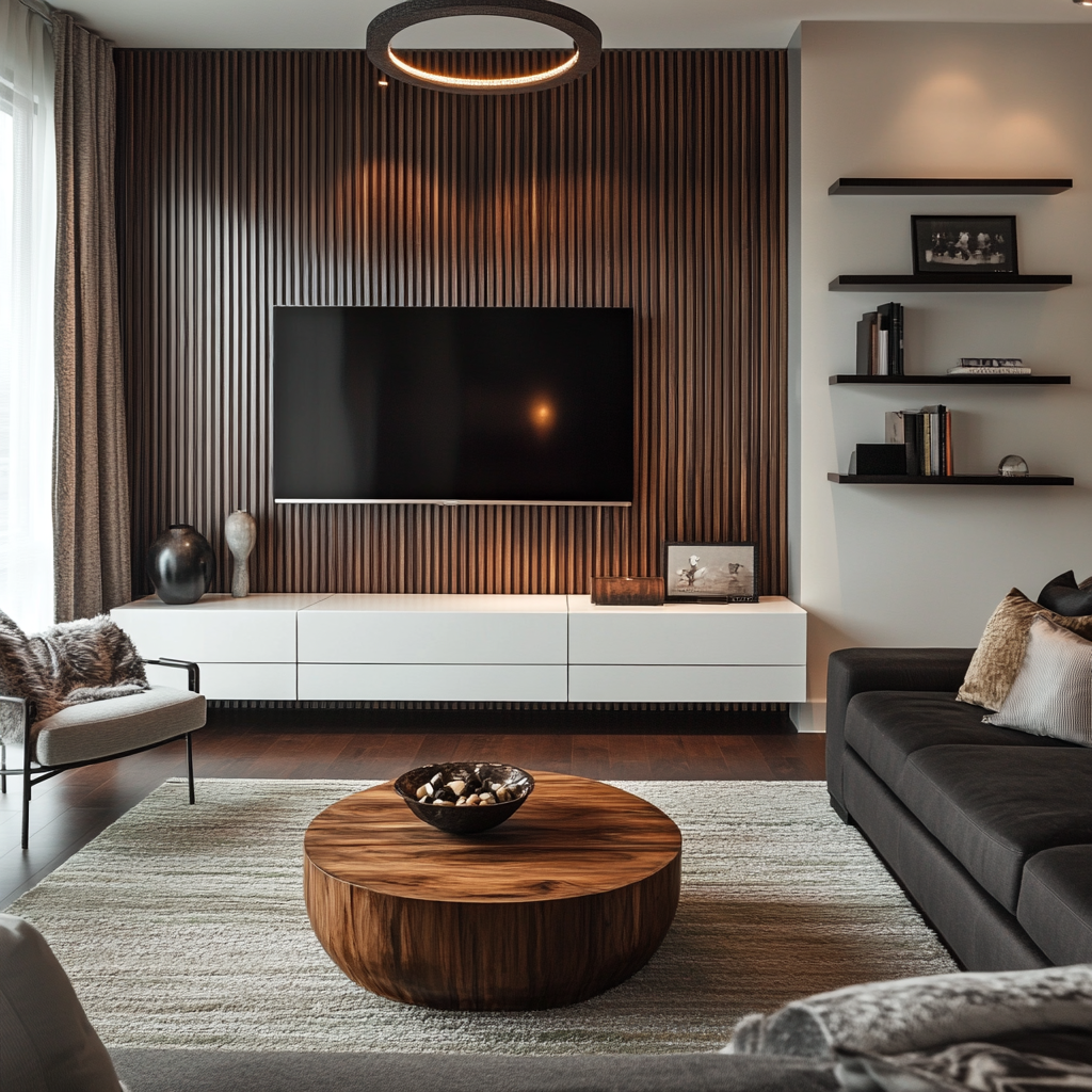 Modern Living Room with Fluted Wall Paneling and Sleek TV Unit | Material Depot