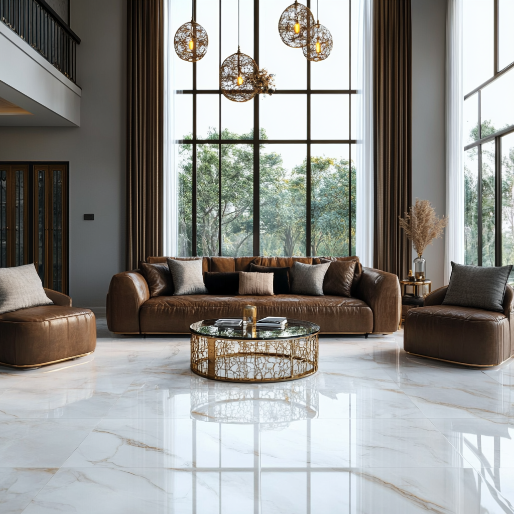 Modern Living Room with Leather Sofa and Glass Pendant Lighting | Material Depot