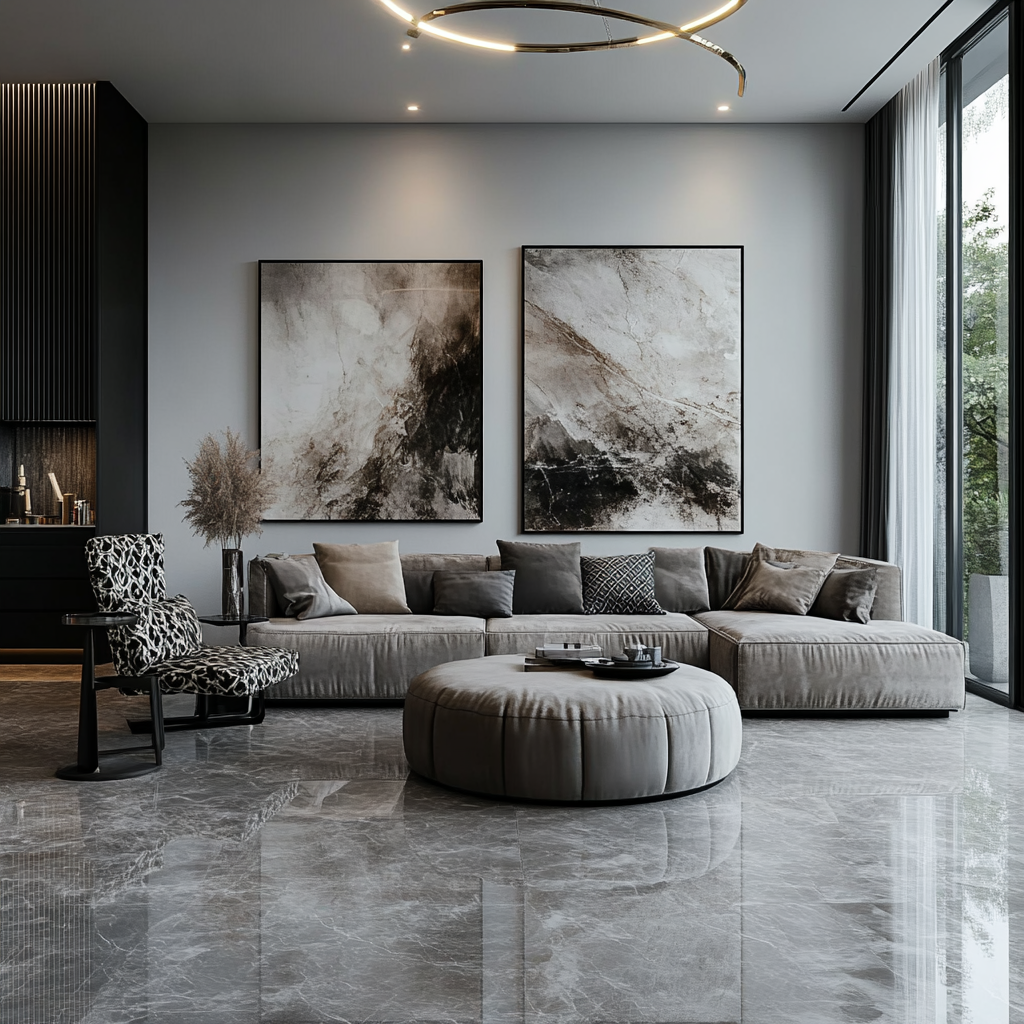 Modern Living Room with Marble Flooring and Abstract Wall Art | Material Depot