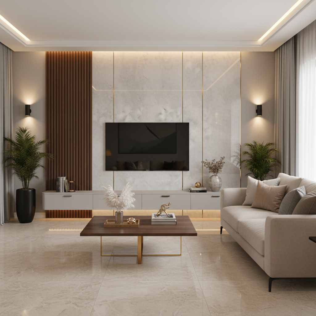 Modern living room with marble-look wall panels, beige marble floor ...