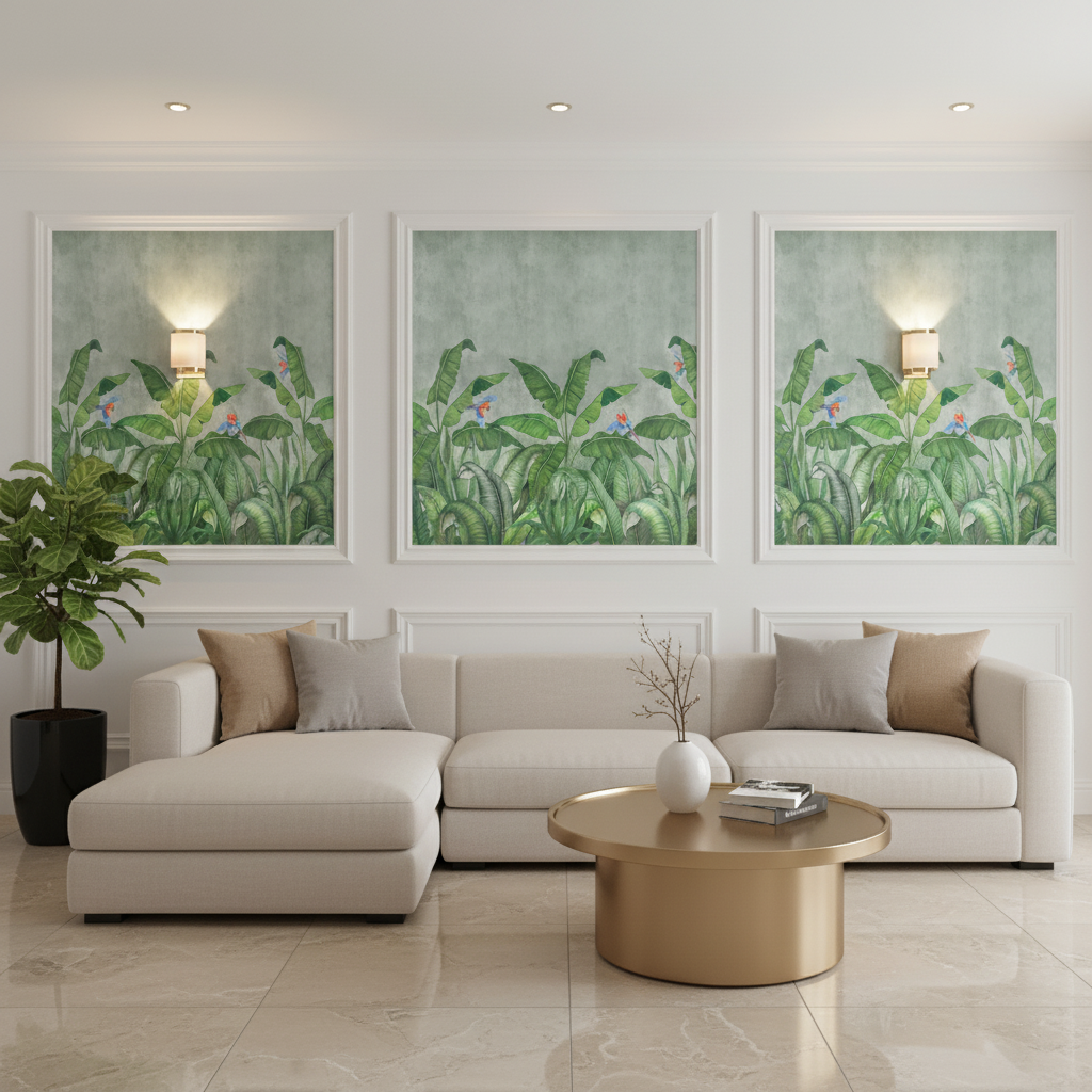 Modern living room with tropical wallpaper panels and beige marble ...