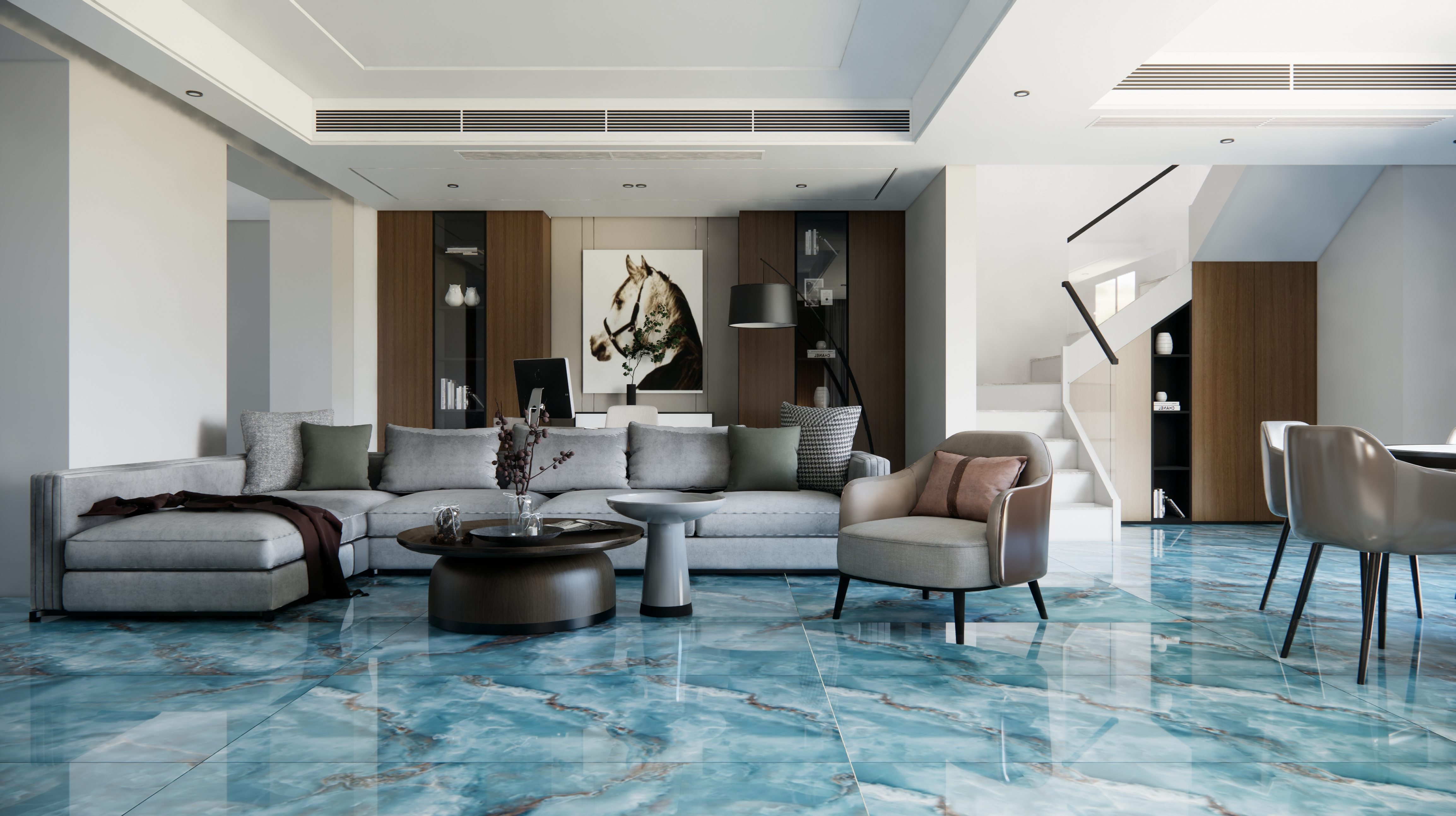 Modern Living Room with Vibrant Blue Marble Flooring | Material Depot