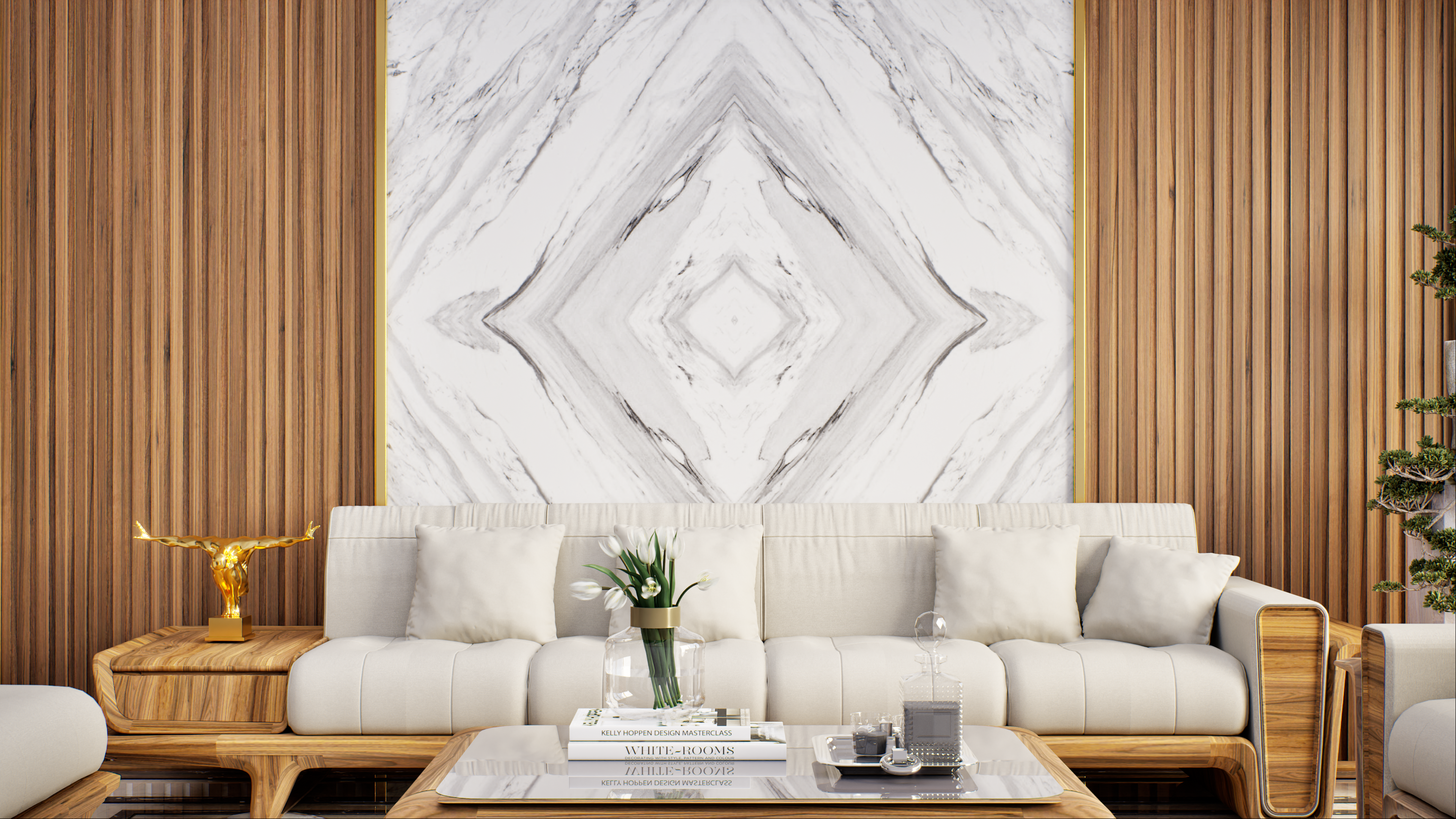 Modern Living Room with White Marble Accent and Wooden Paneling | Material Depot