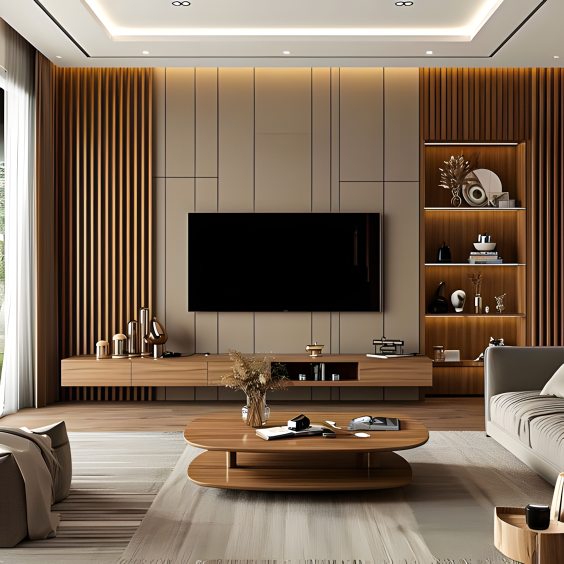 Modern TV Unit with Wood-Paneled Accent Wall and Sleek TV Console | Material Depot